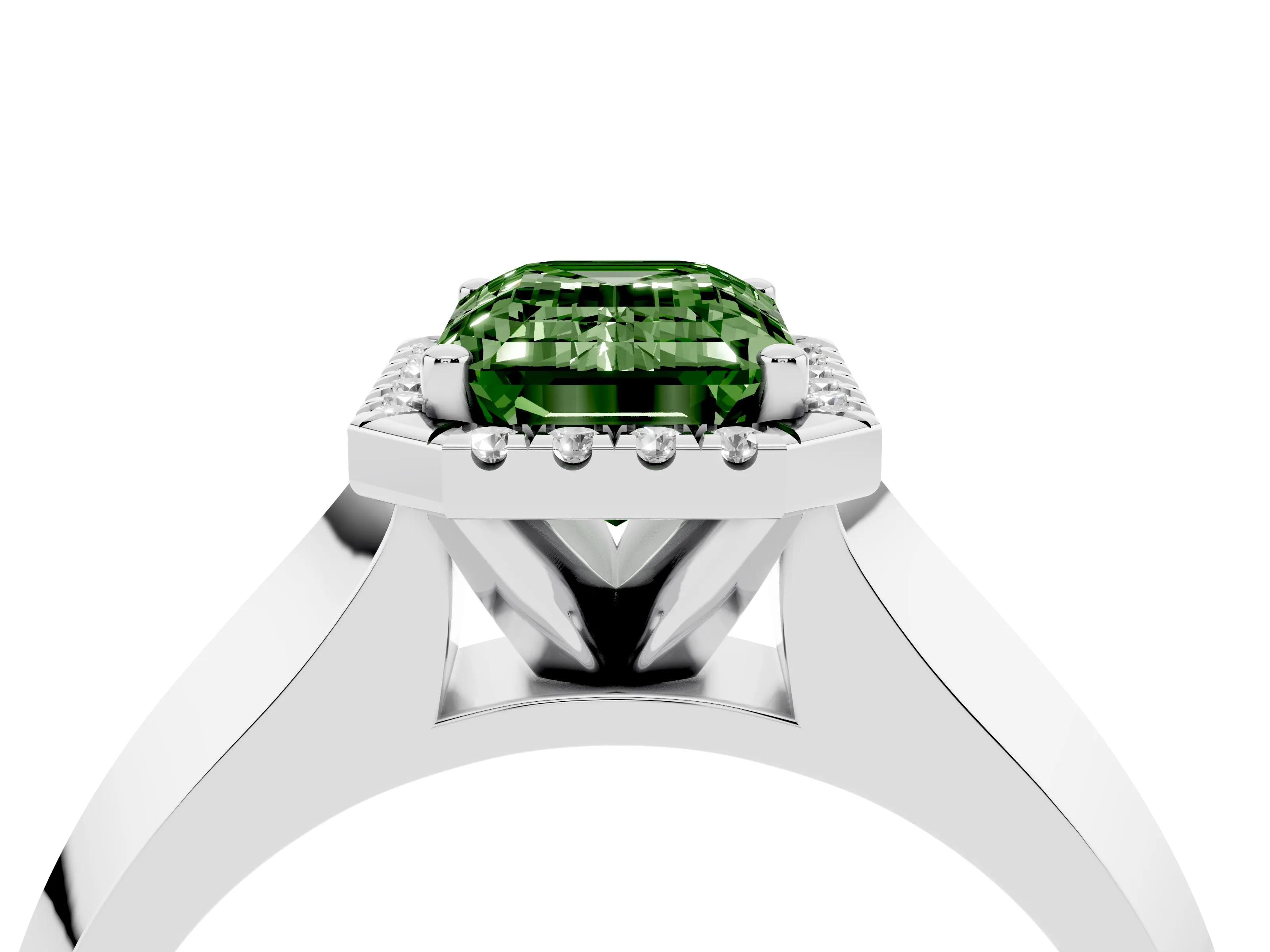 Fancy Green Emerald Cut Diamond Halo Ring Set in White gold with Cathedral Band and Prong Setting