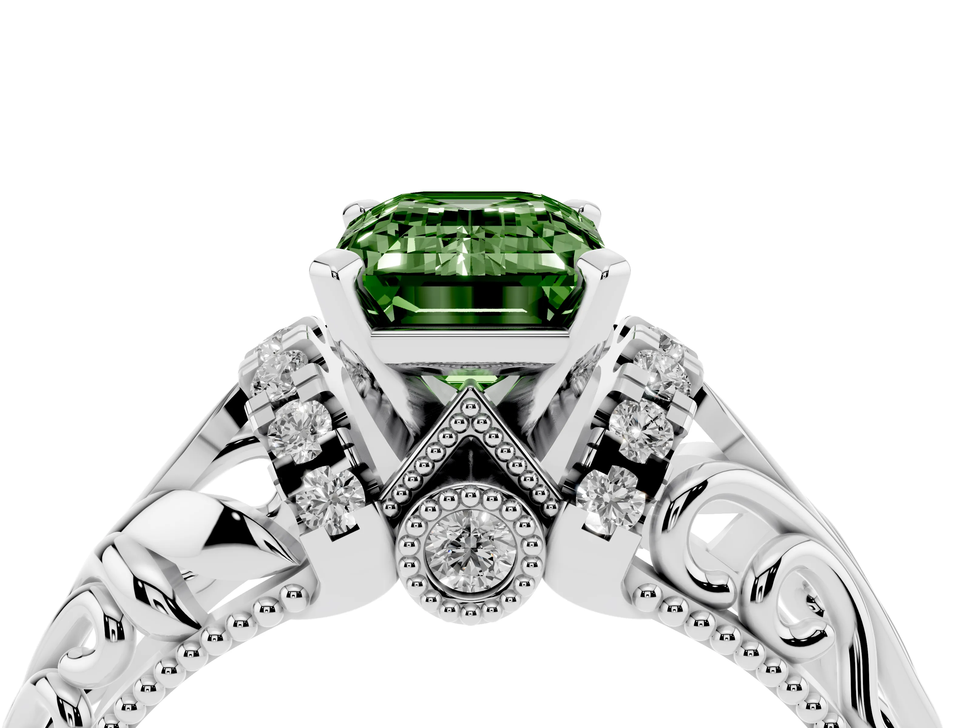 Fancy Green Emerald Cut Diamond Filigree Halo Engagement Ring Set in White gold with Prong Setting