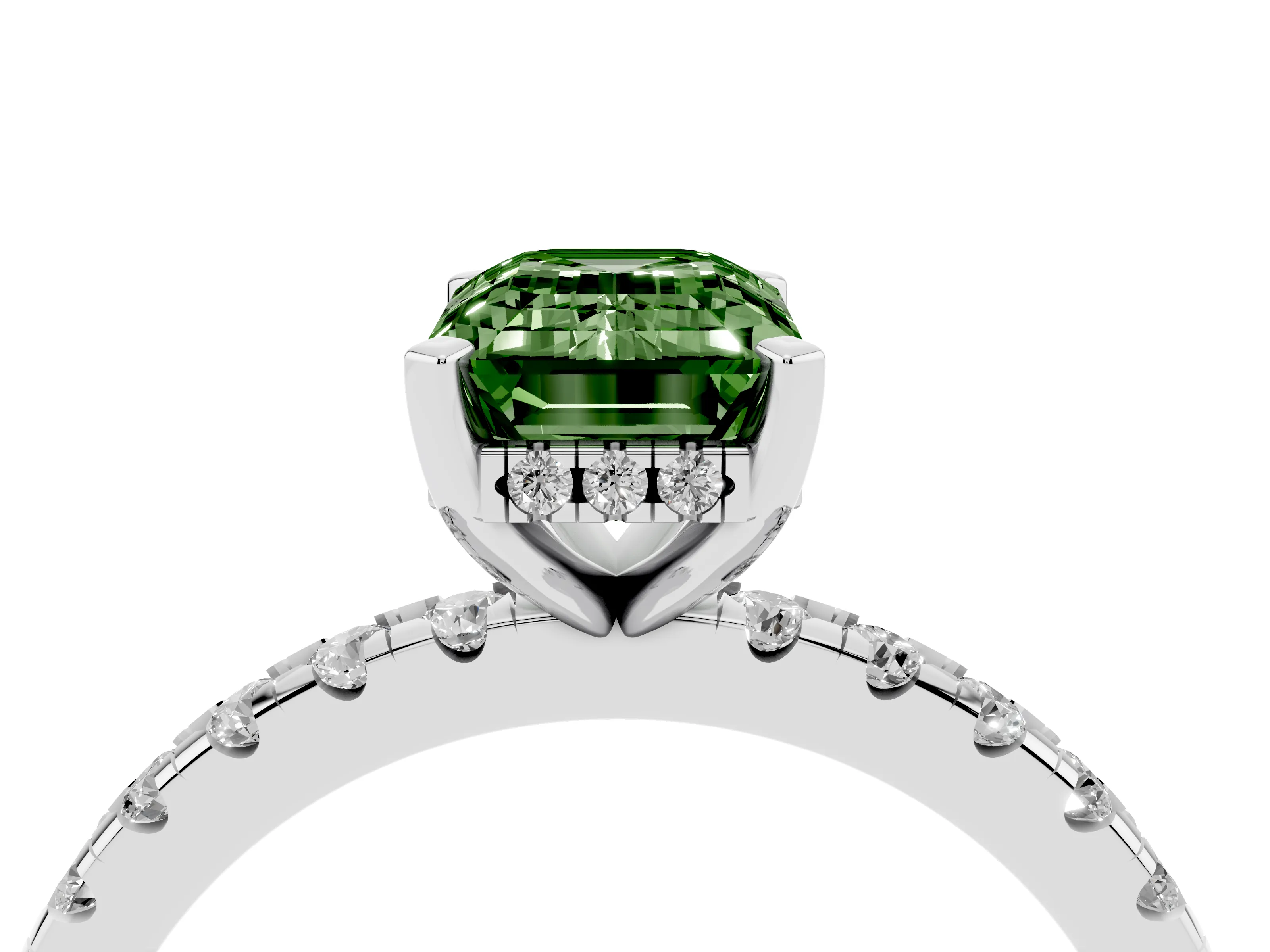 Fancy Green Emerald Cut Diamond Pavé Solitaire Ring Set in Platinum with Round Band Accents and Prong Setting