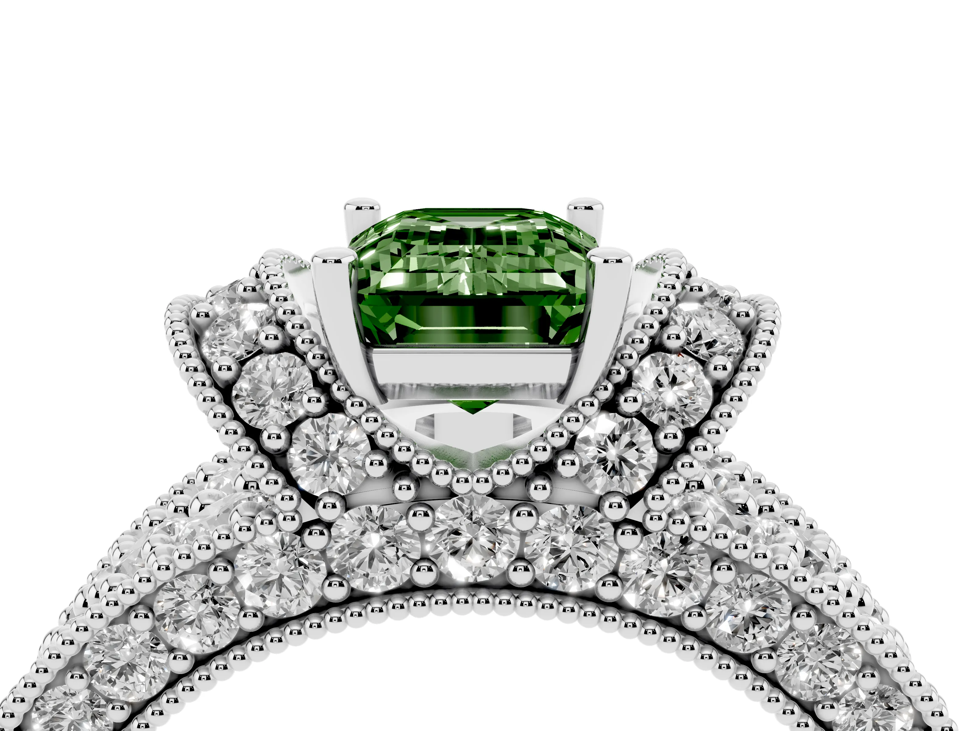 Fancy Green Emerald Cut Diamond Milgrain Halo Pavé Engagement Ring Set in Silver with Prong Setting