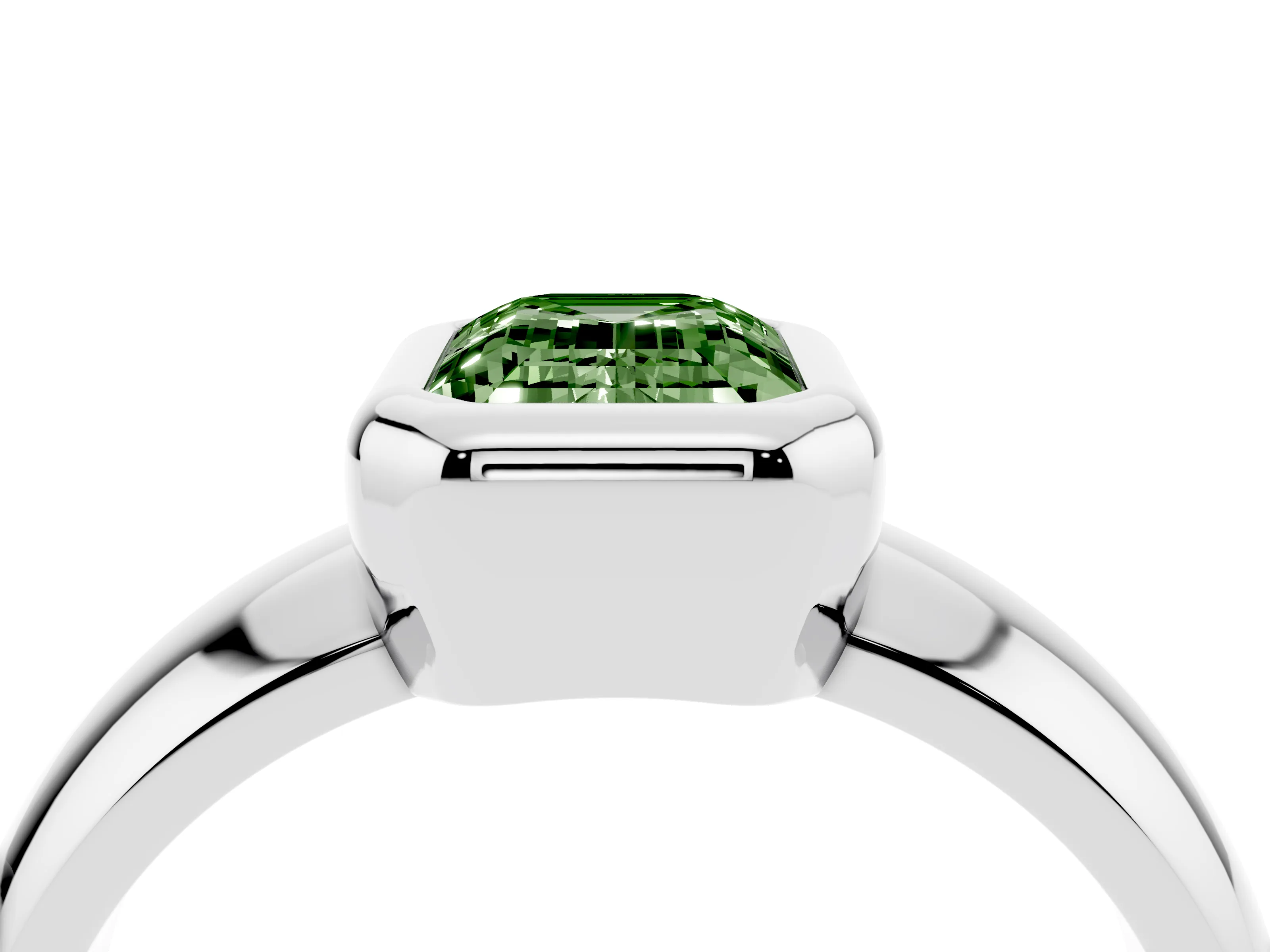 Fancy Green Bezel Set Emerald Cut Diamond Solitaire Ring Set in White gold with Wide Band