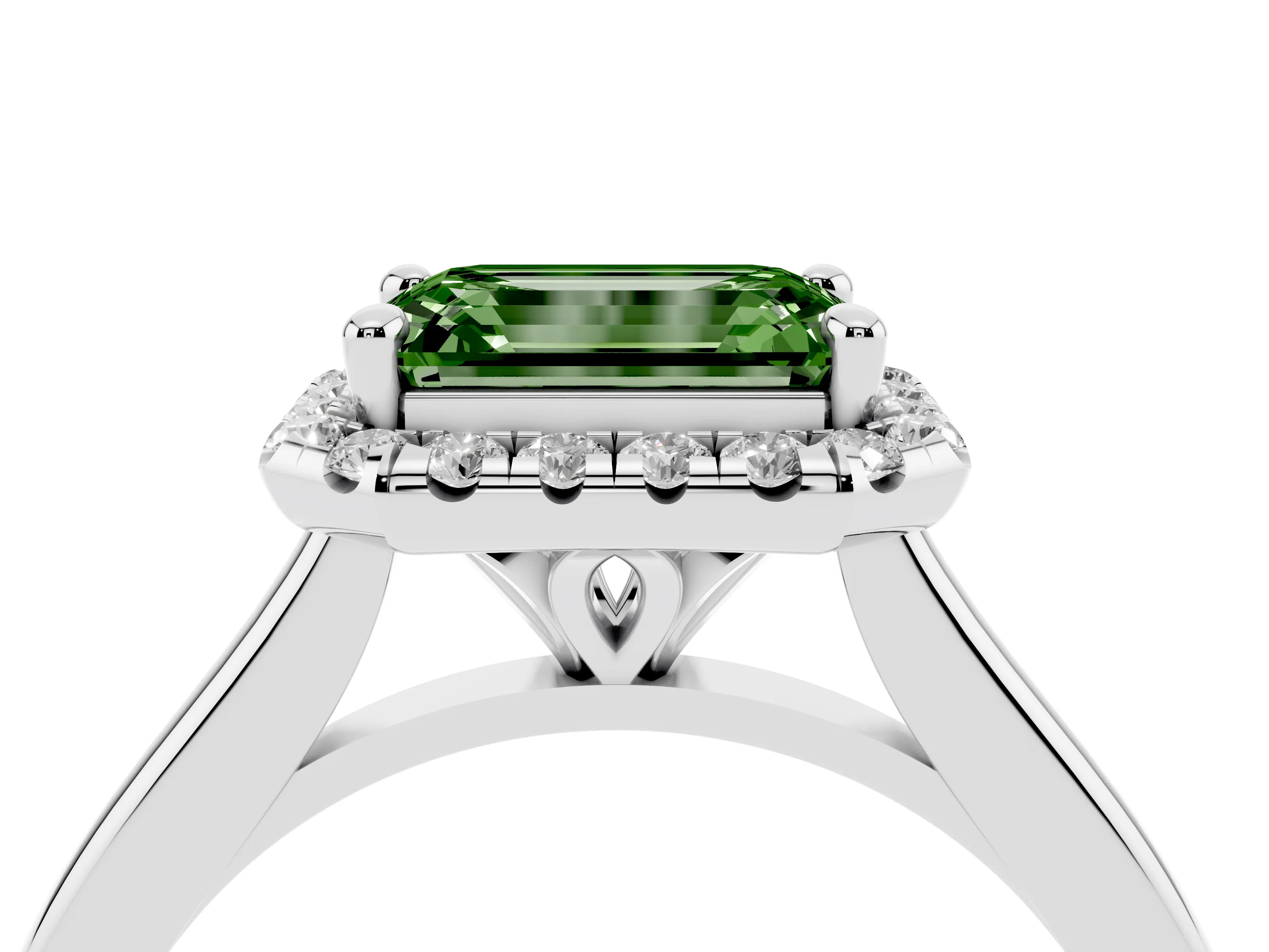 Fancy Green Emerald Cut Diamond Halo Engagement Ring Set in White gold with Pavé Band and Rising Shoulders