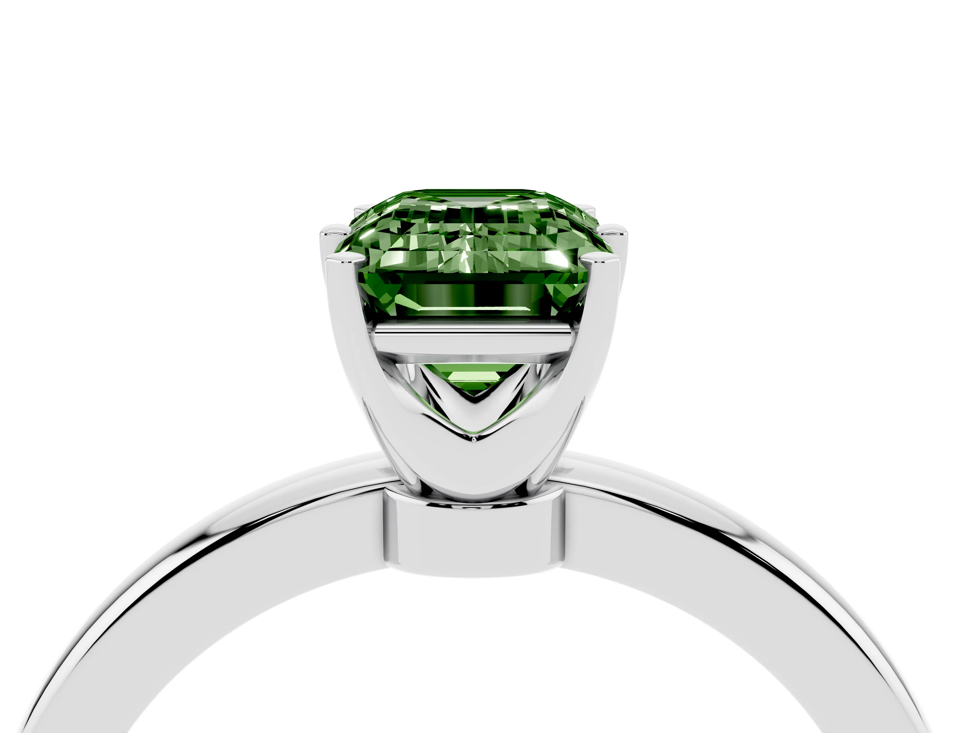 Fancy Green Emerald Cut Diamond Solitaire Ring Set in Silver with Raised Prong Setting on a Classic Band