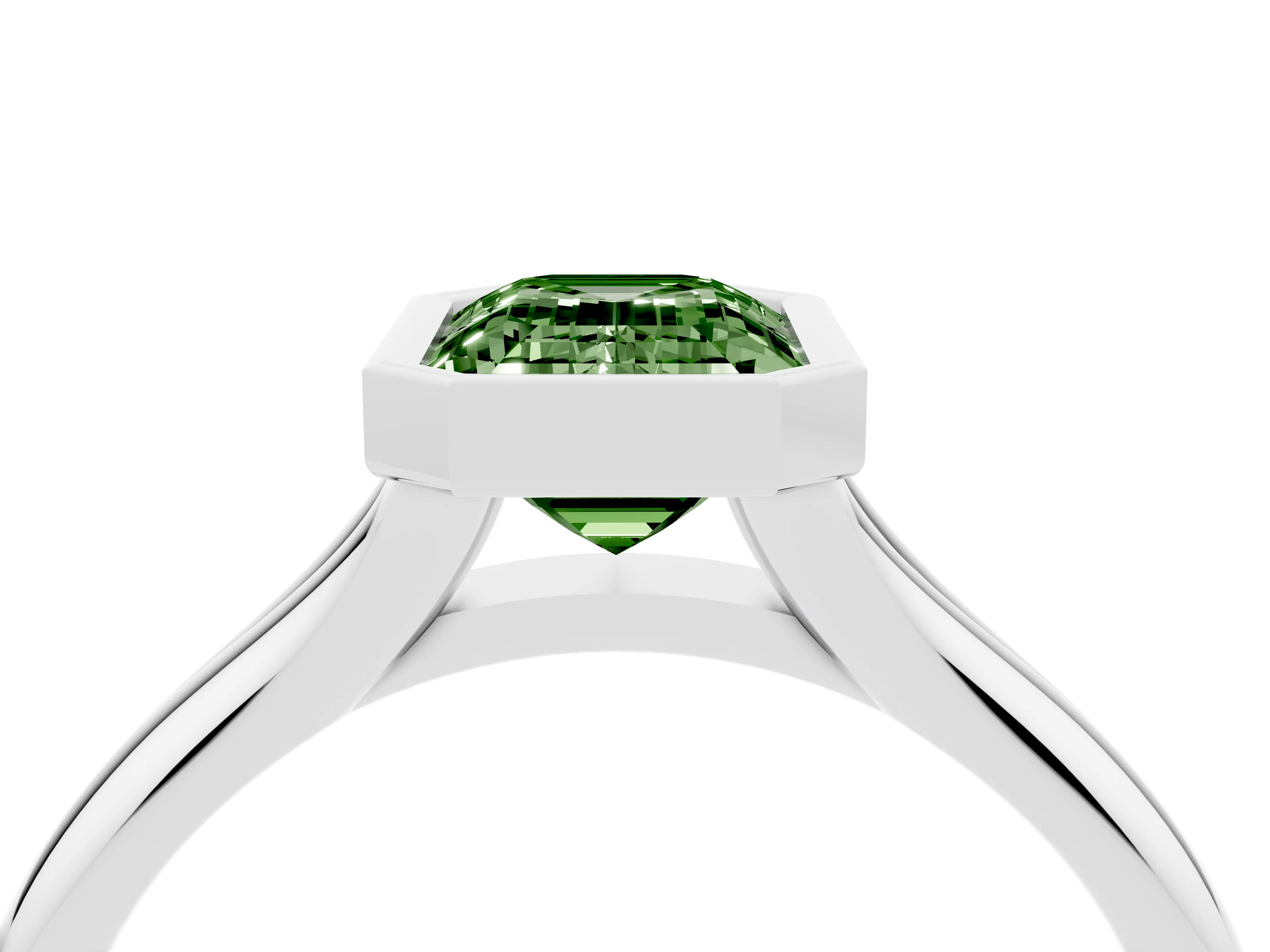 Fancy Green Bezel Set Emerald Cut Diamond Solitaire Ring Set in Platinum with Smooth Band