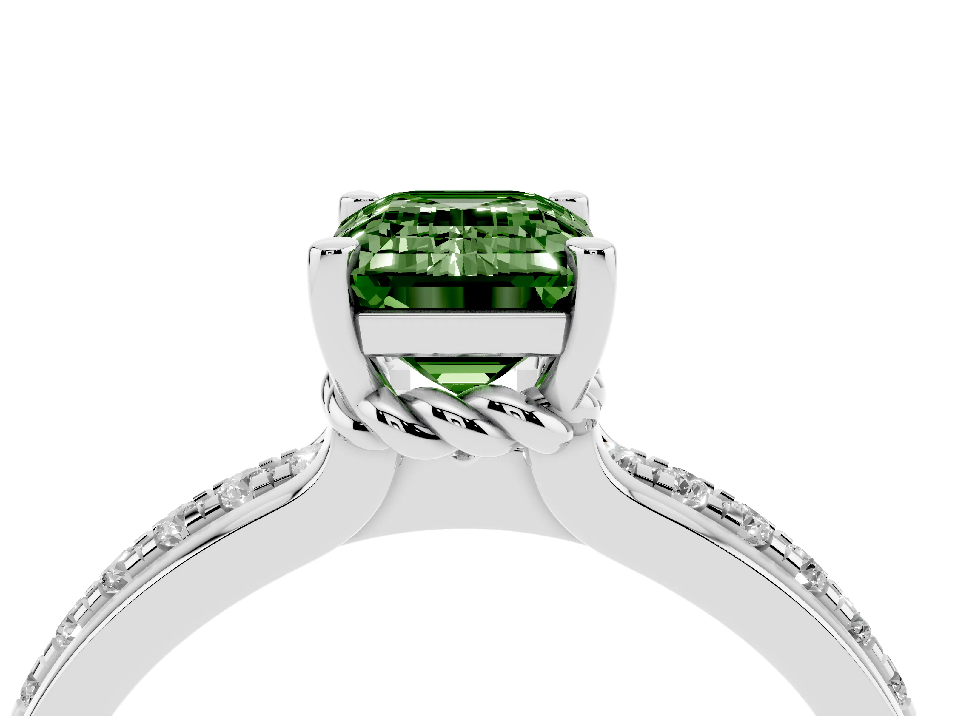 Fancy Green Emerald Cut Diamond Solitaire Ring Set in Silver with Channel Set Band and Prong Setting