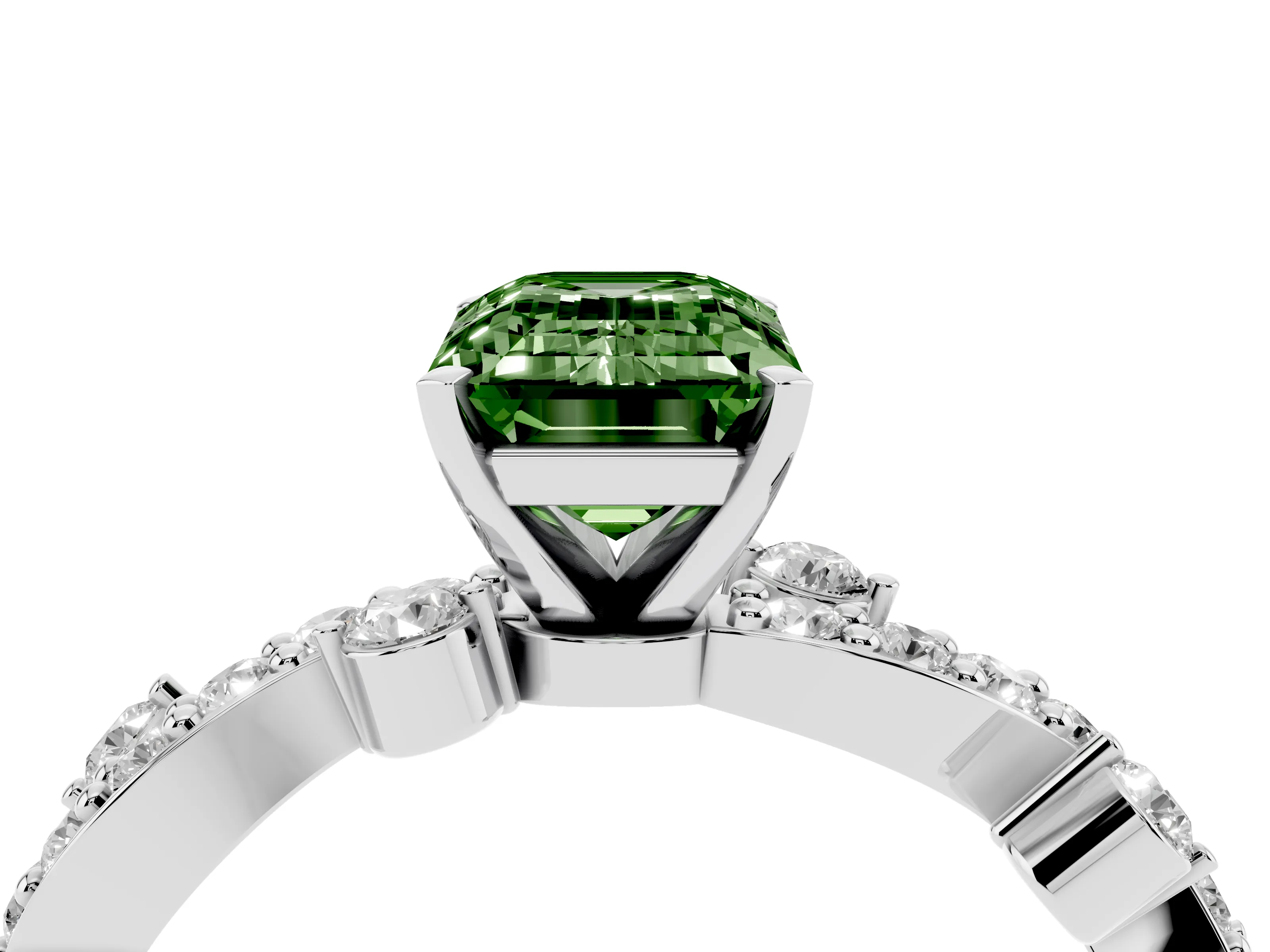 Fancy Green Emerald Cut Diamond Solitaire Twisted Band Set in Silver with Pavé Setting