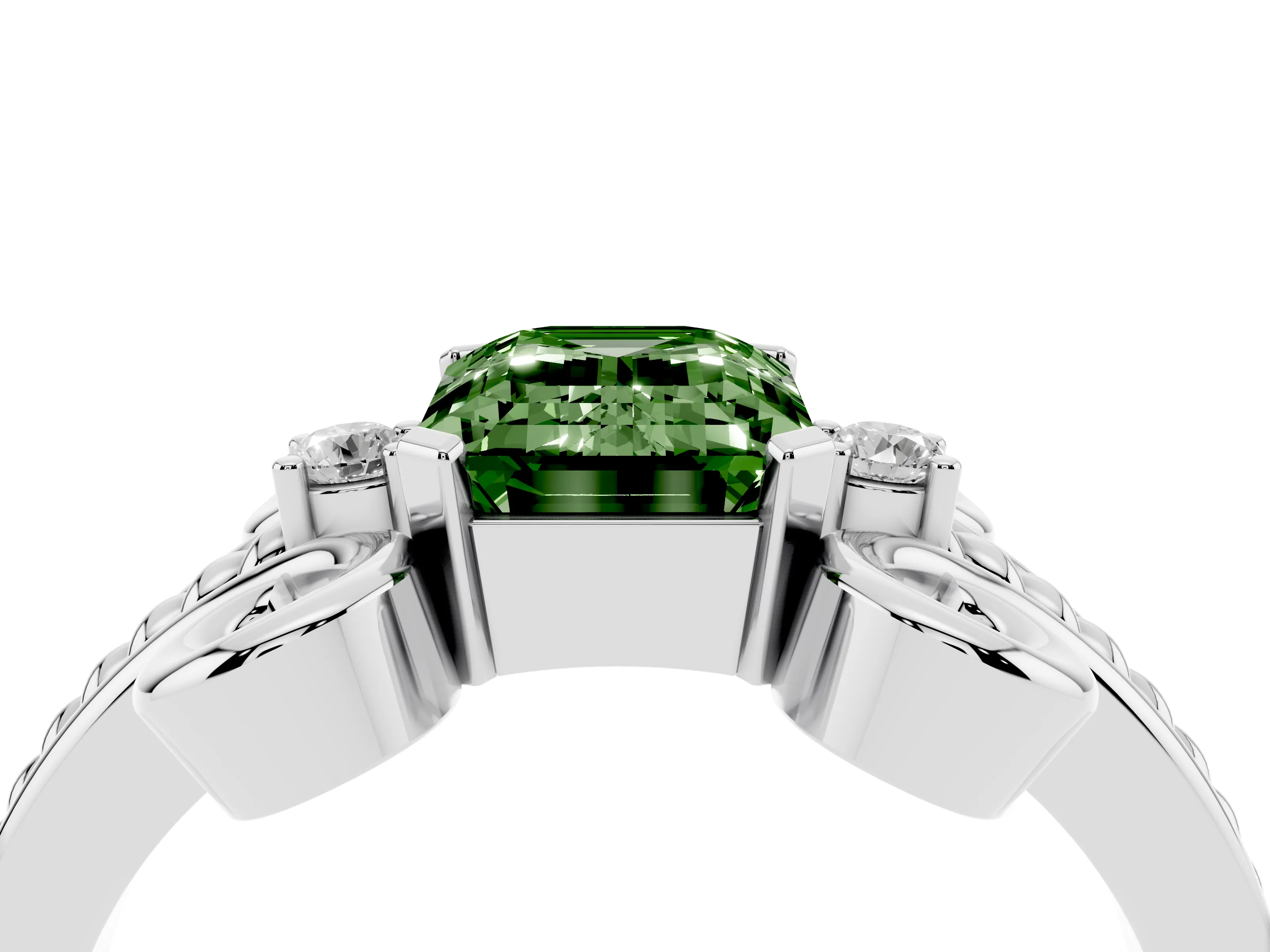 Fancy Green Emerald Cut Diamond Twisted Band Solitaire Ring Set in Platinum with Scroll Prongs
