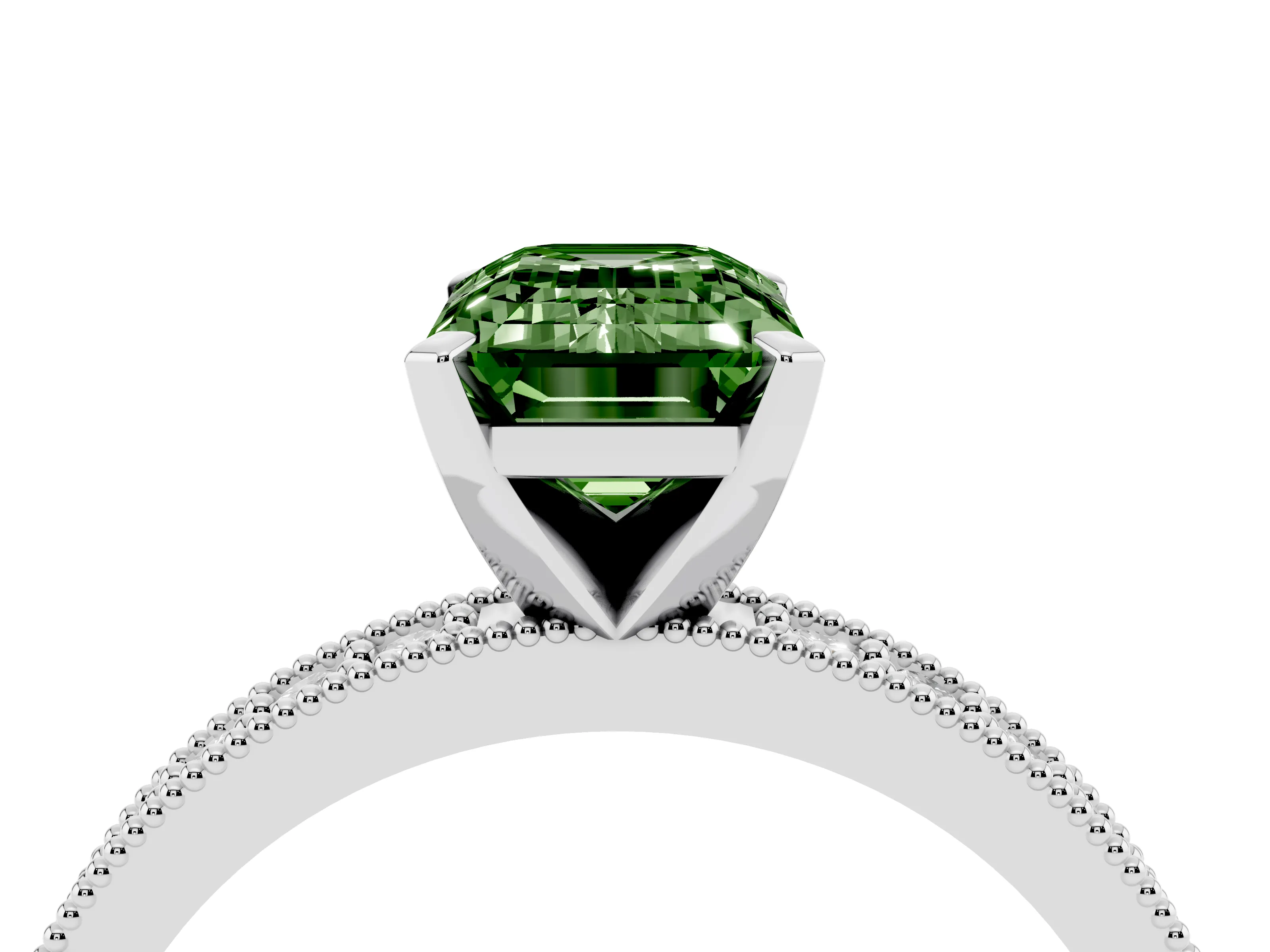 Fancy Green Emerald Cut Diamond Milgrain Pavé Engagement Ring Set in White gold with Prong Setting