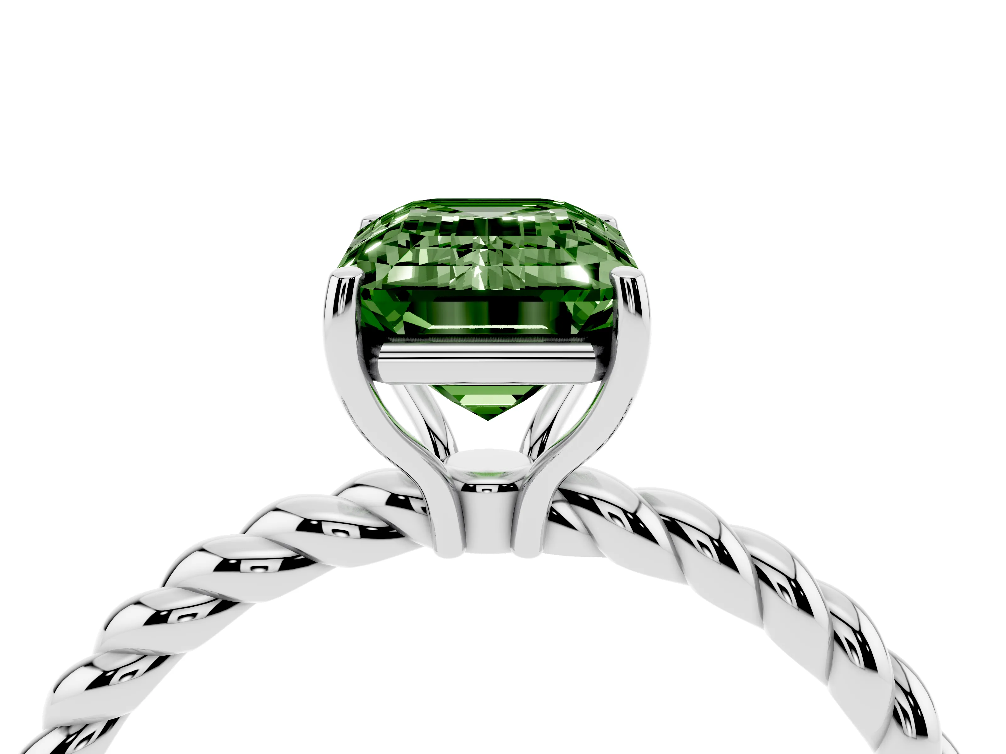 Fancy Green Emerald Cut Diamond Solitaire Ring Set in White gold with Twist Band and Prong Setting