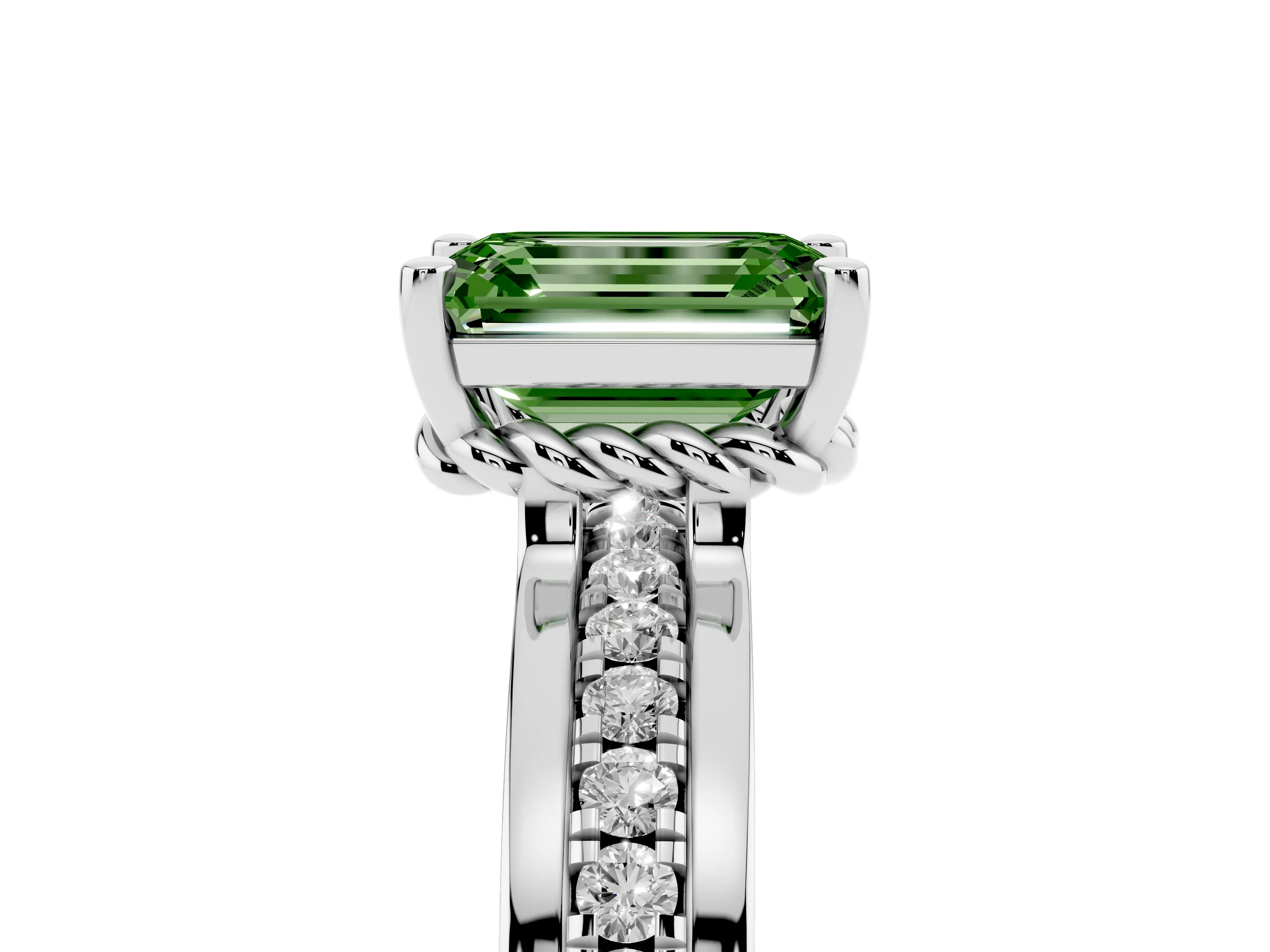 Fancy Green Emerald Cut Diamond Solitaire Ring Set in Silver with Channel Set Band and Prong Setting