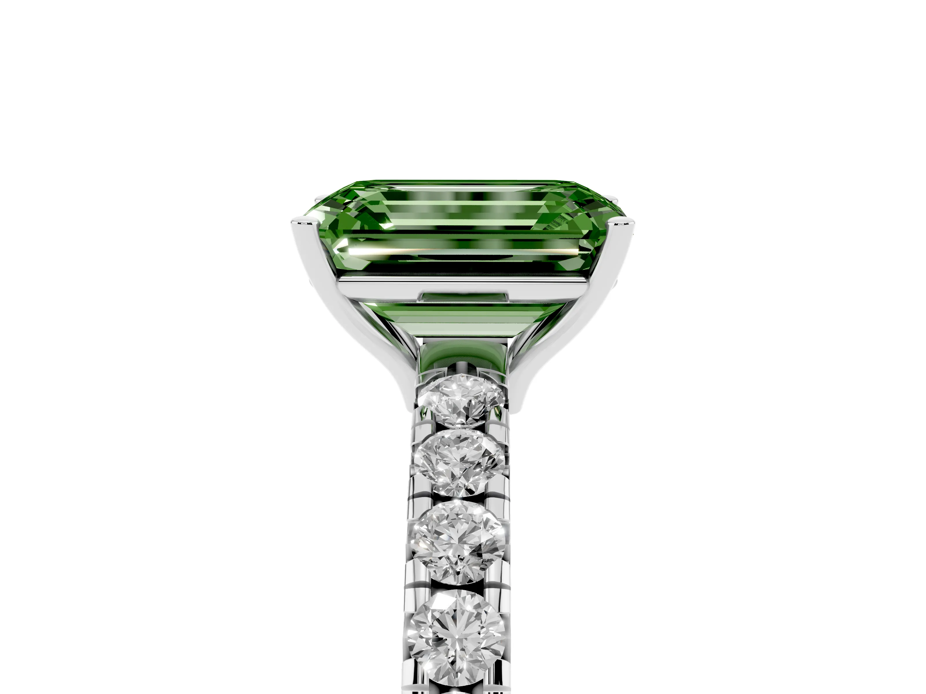 Fancy Green Emerald Cut Diamond Pavé Solitaire Engagement Ring Set in Platinum with Prong Setting