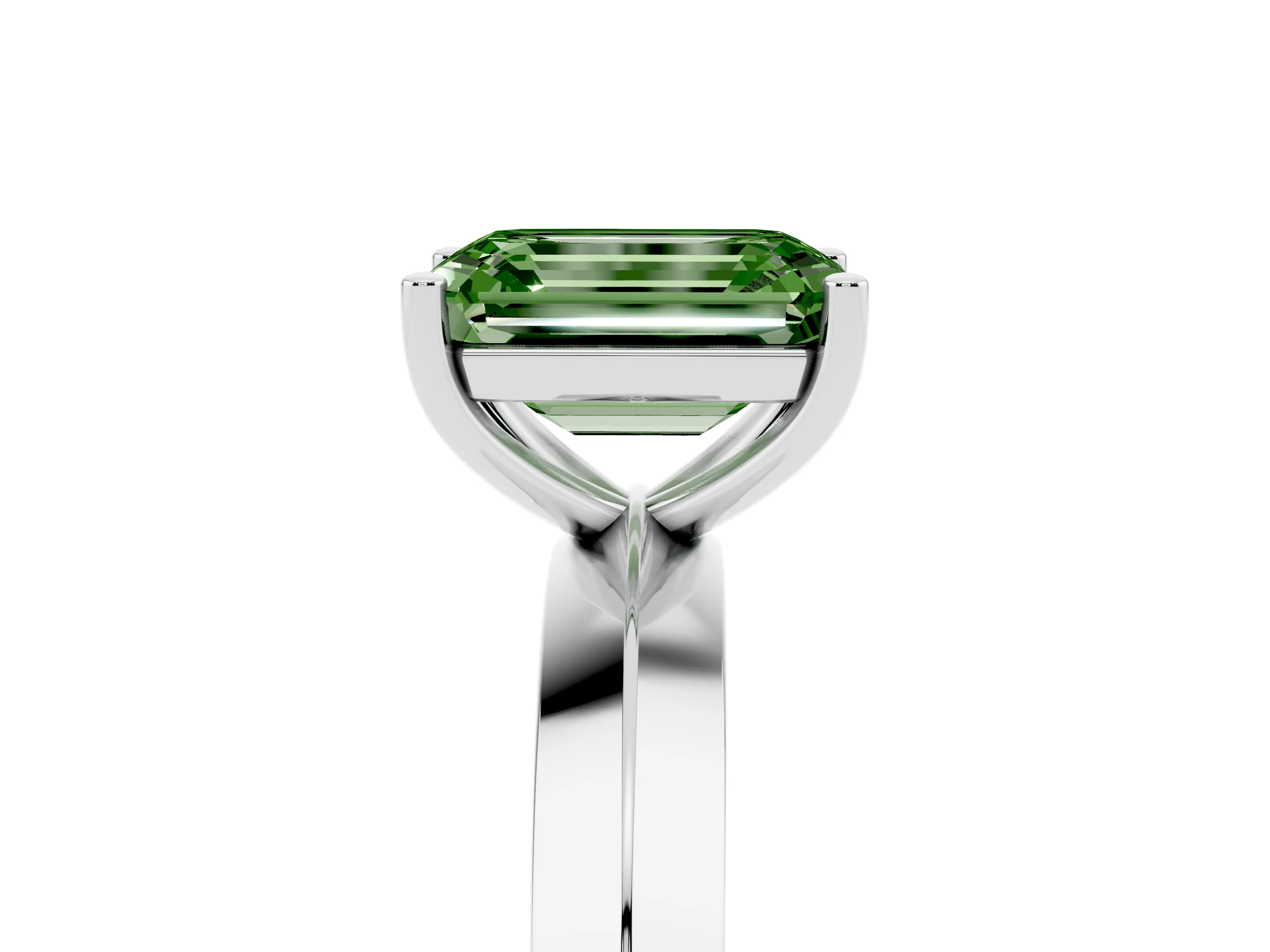 Fancy Green Emerald Cut Diamond Solitaire Engagement Ring Set in White gold with Flat Band and Prong Setting