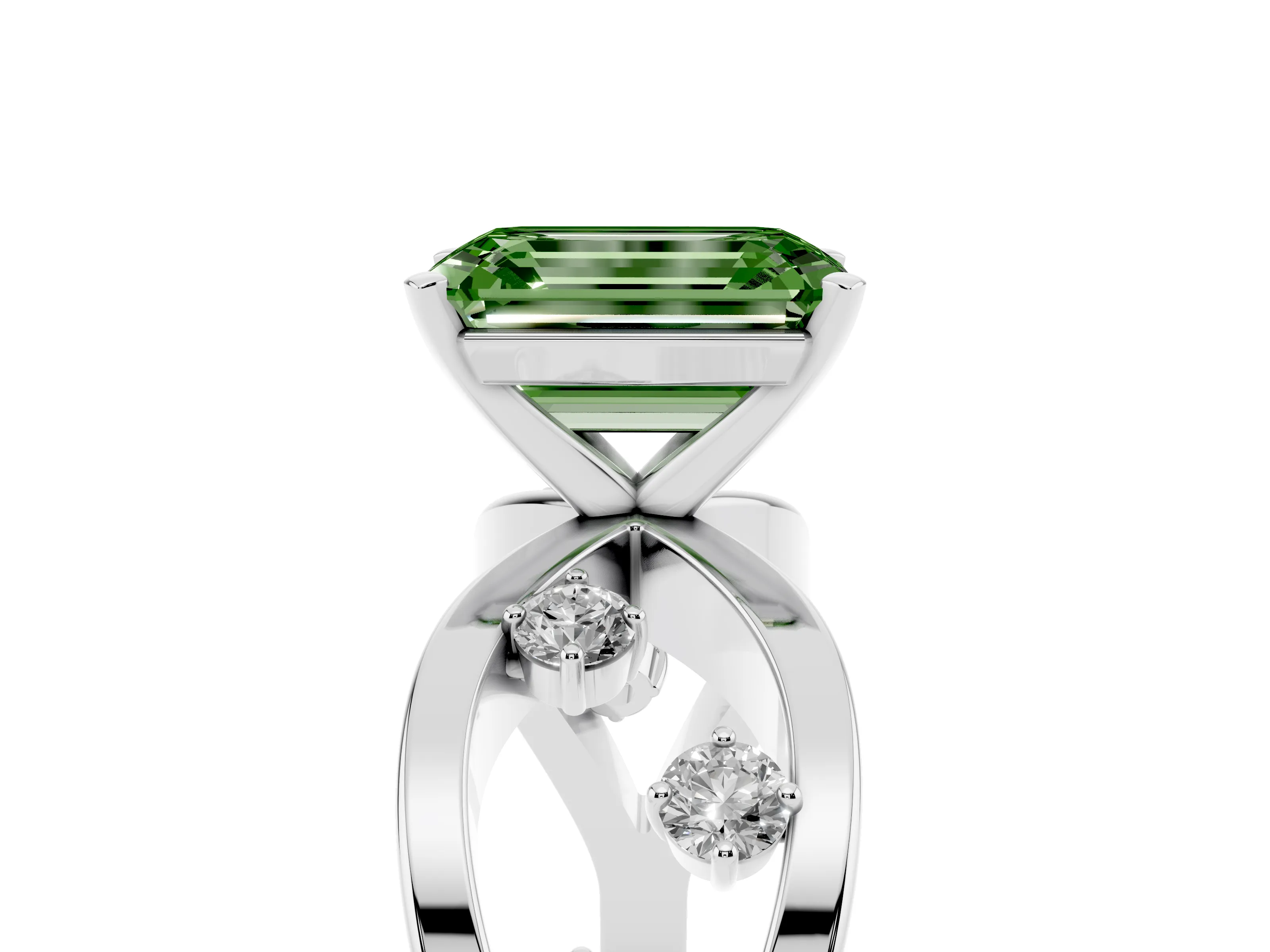 Fancy Green Emerald Cut Diamond Solitaire Ring Set in Platinum with Side Stones on Criss-Cross Band and Prong Setting