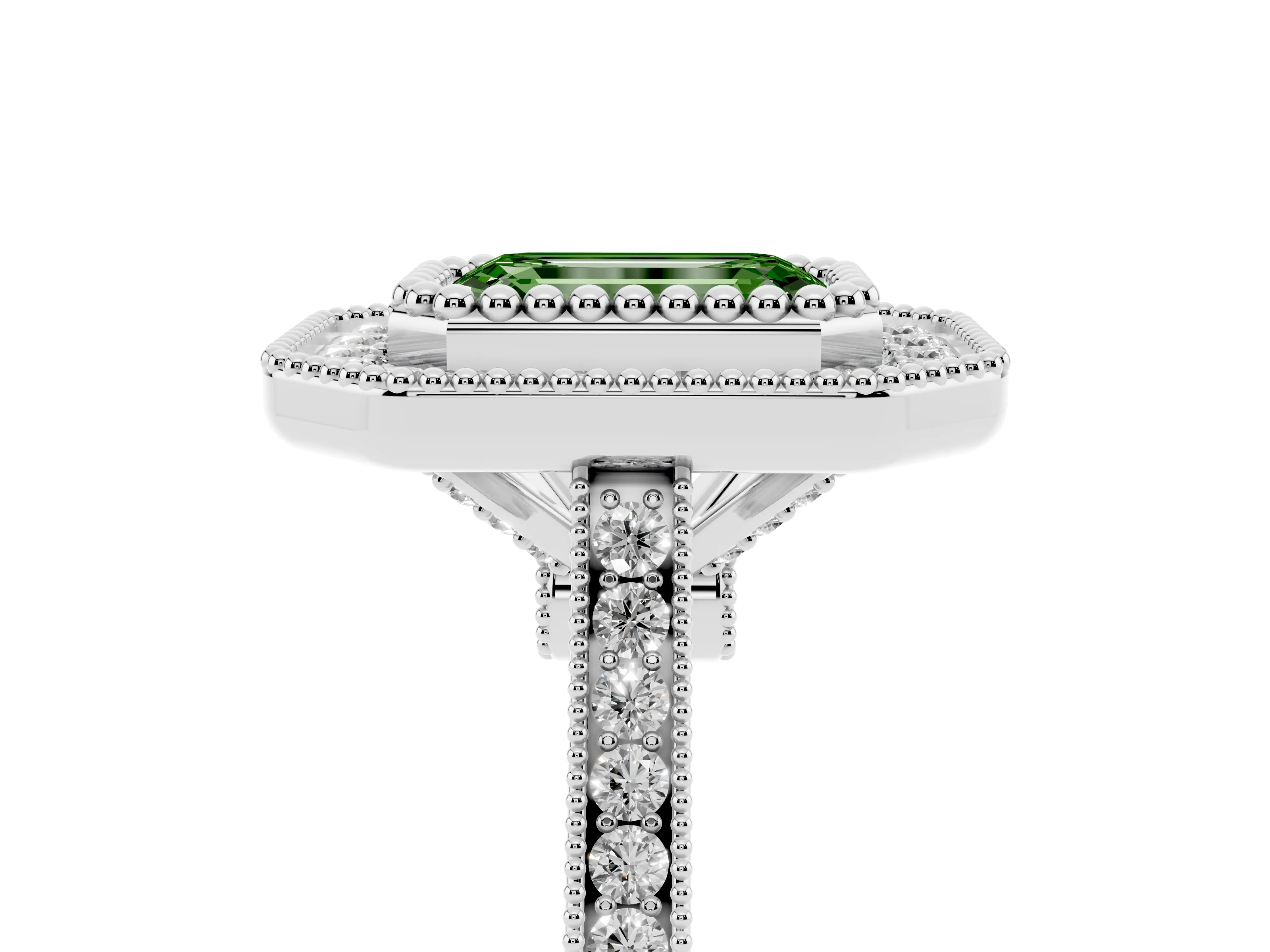 Fancy Green Emerald Cut Diamond Halo Ring Set in White gold with Milgrain Frame and Pavé Band