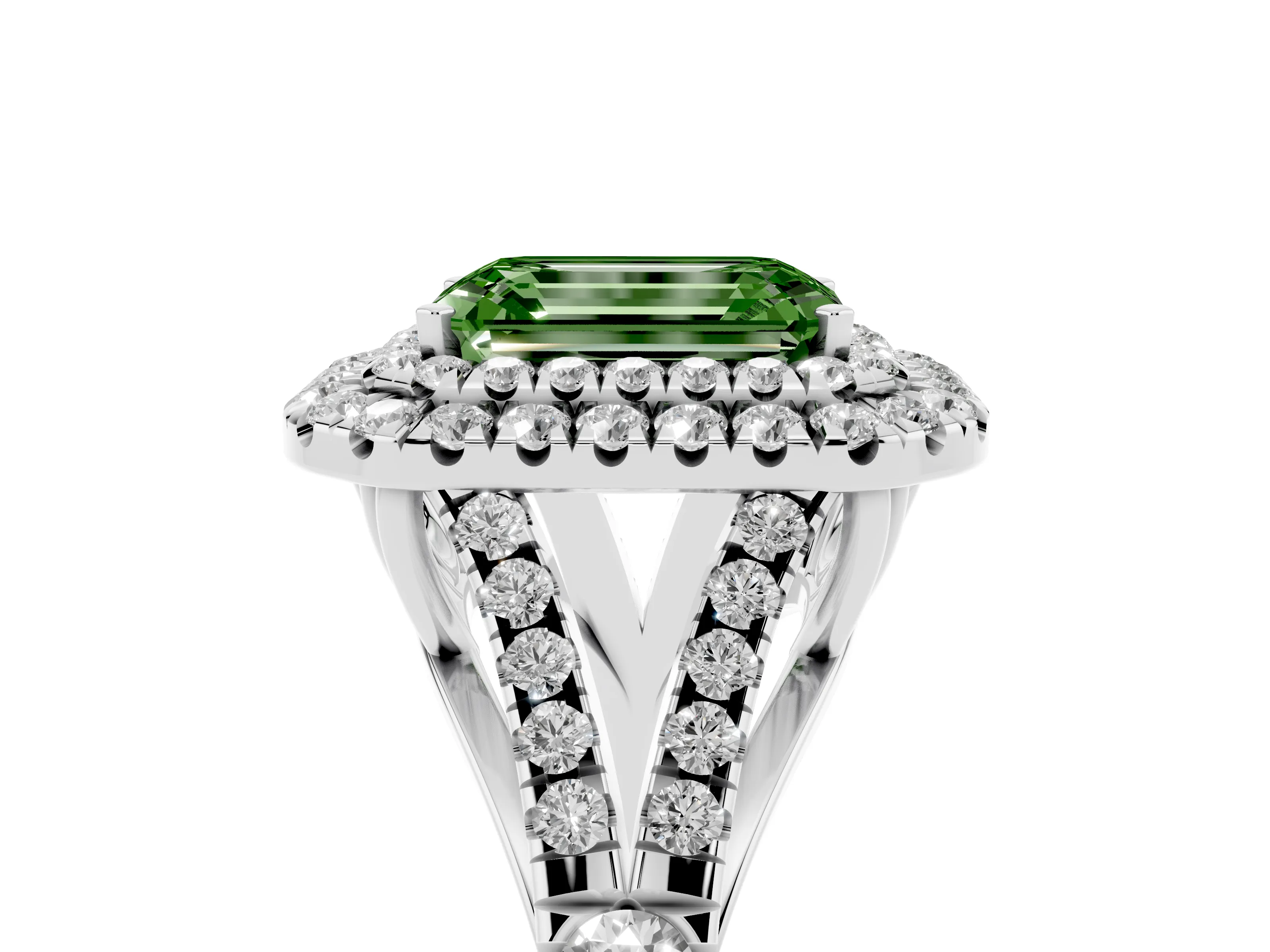 Fancy Green Emerald Cut Diamond Pavé Split Shank Double Halo Engagement Ring Set in White gold