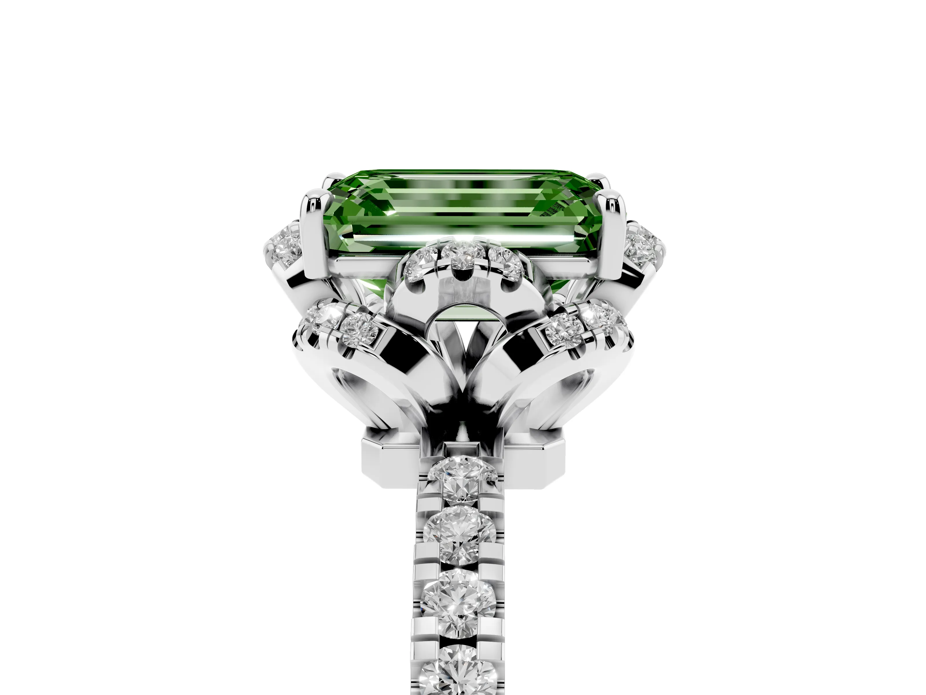 Fancy Green Emerald Cut Diamond Halo Pavé Band Ring Set in Platinum with Prong-Held Center