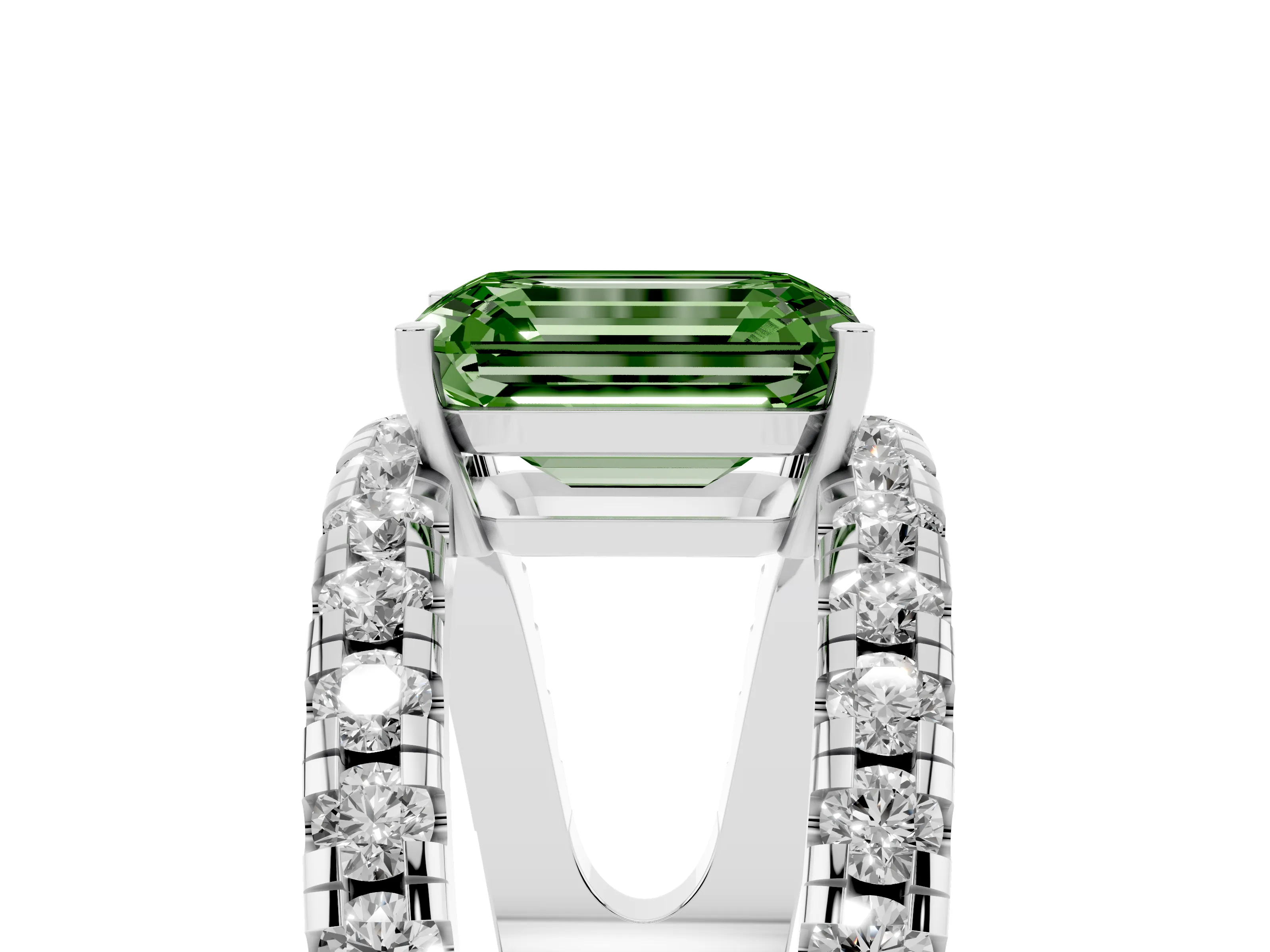 Fancy Green Emerald Cut Diamond Split Shank Pavé Solitaire Ring Set in Silver with Open Shank Design