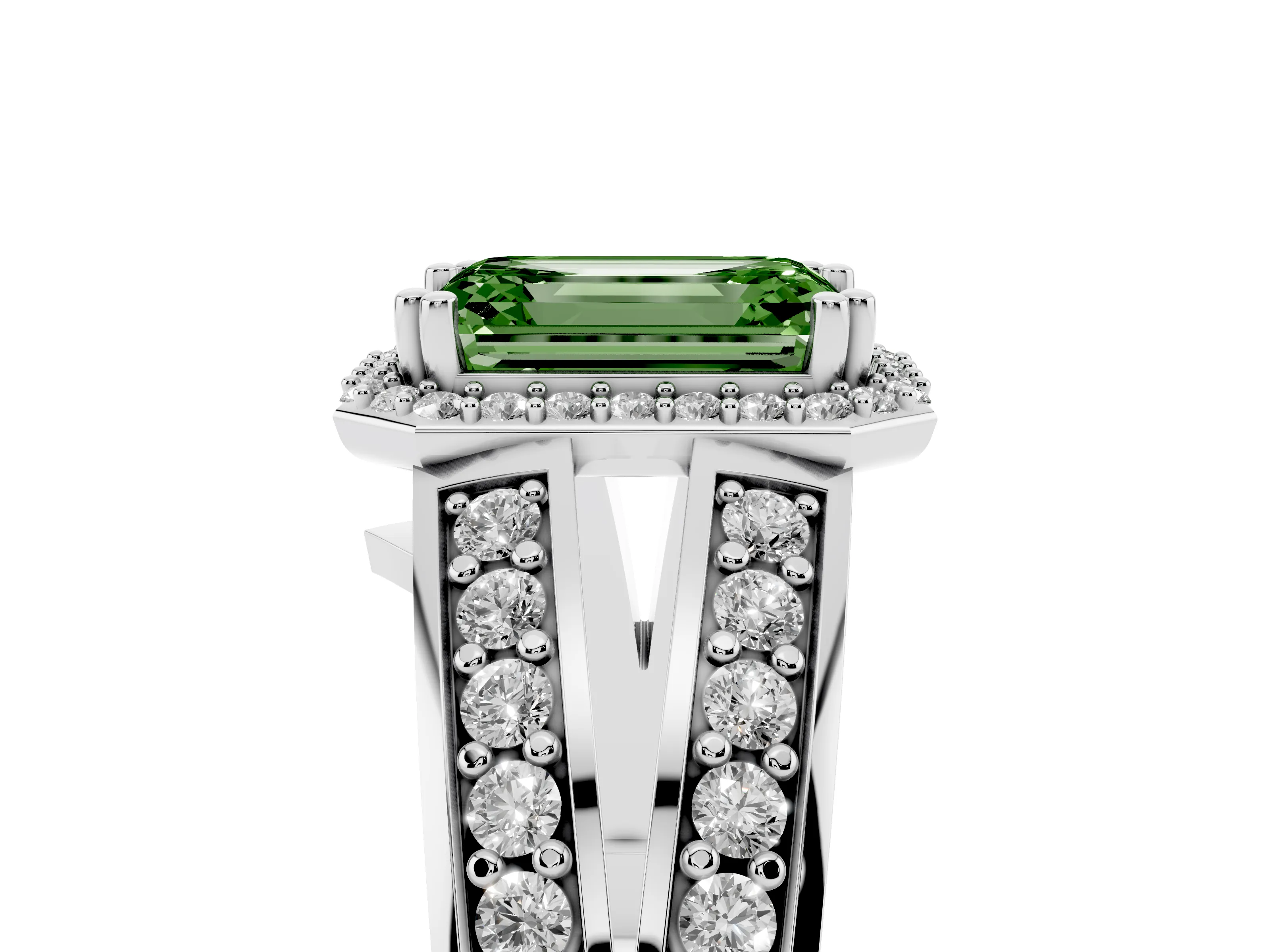 Fancy Green Emerald Cut Diamond Halo Ring Set in Platinum with Double Pavé Split Shank
