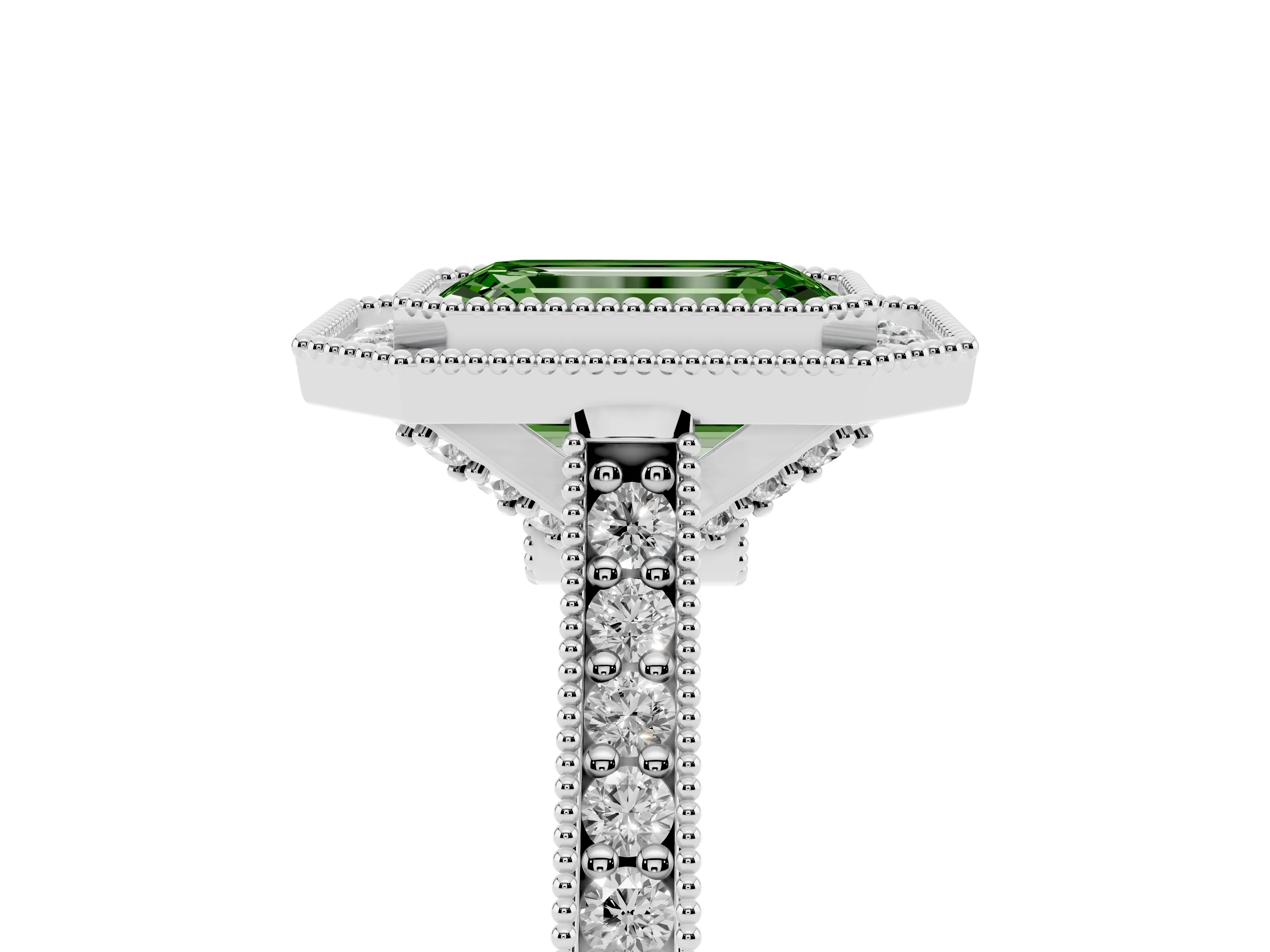 Fancy Green Emerald Cut Diamond Halo Milgrain Pavé Band Ring Set in White gold with Prong Setting