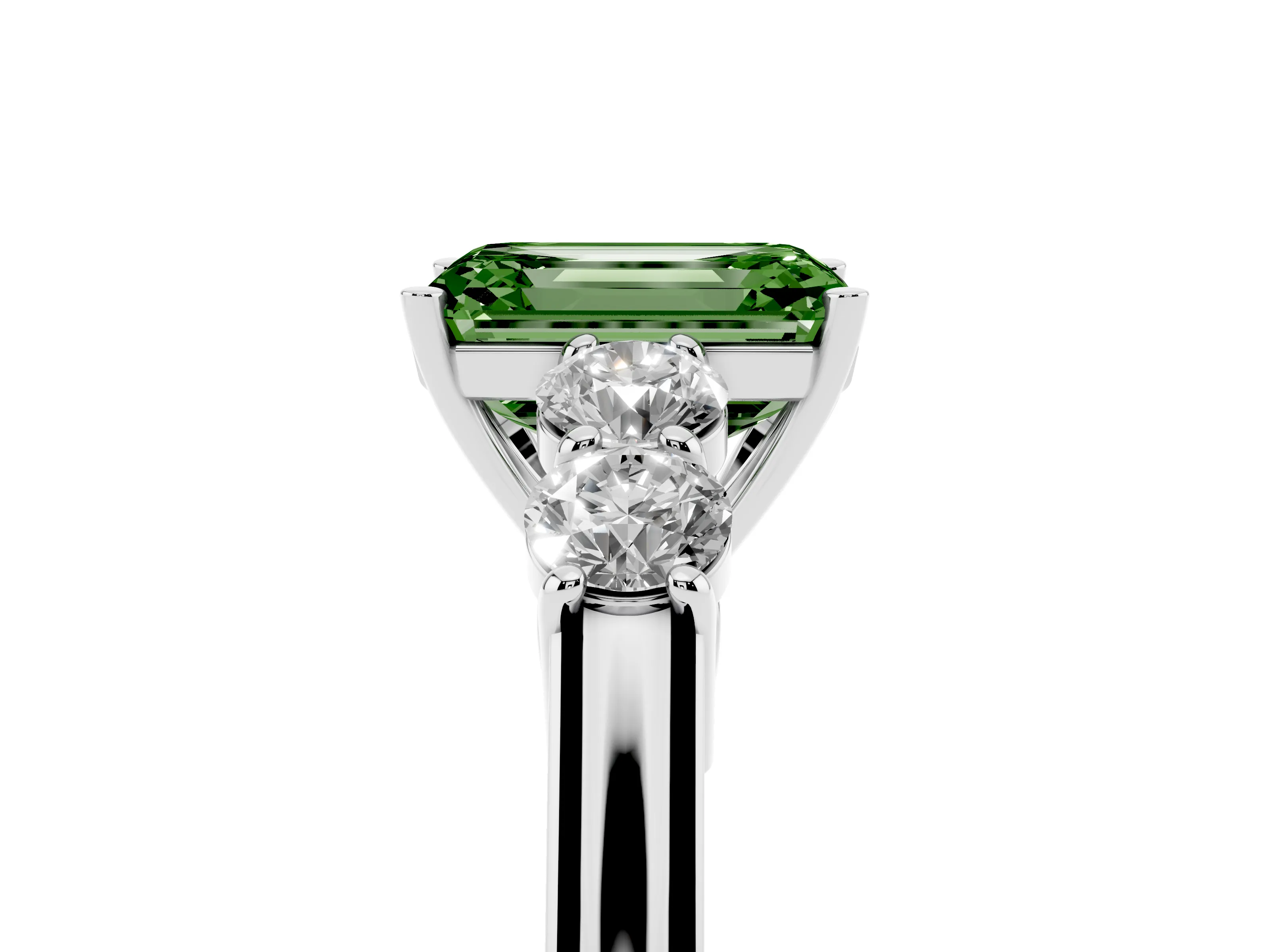 Fancy Green Emerald Cut Diamond Five-Stone Prong Set Band Ring Set in White gold with Polished Band