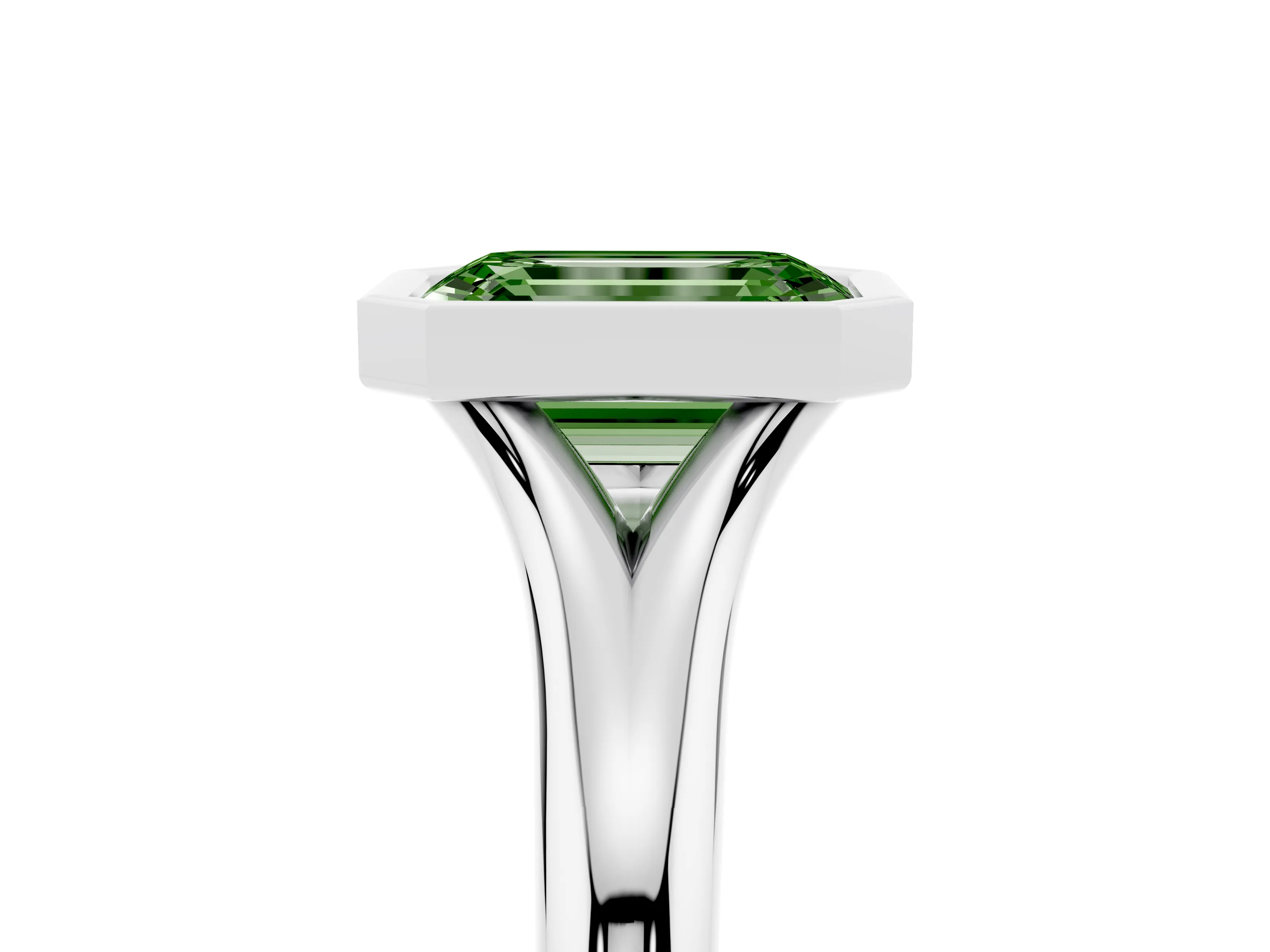 Fancy Green Bezel Set Emerald Cut Diamond Solitaire Ring Set in Platinum with Smooth Band