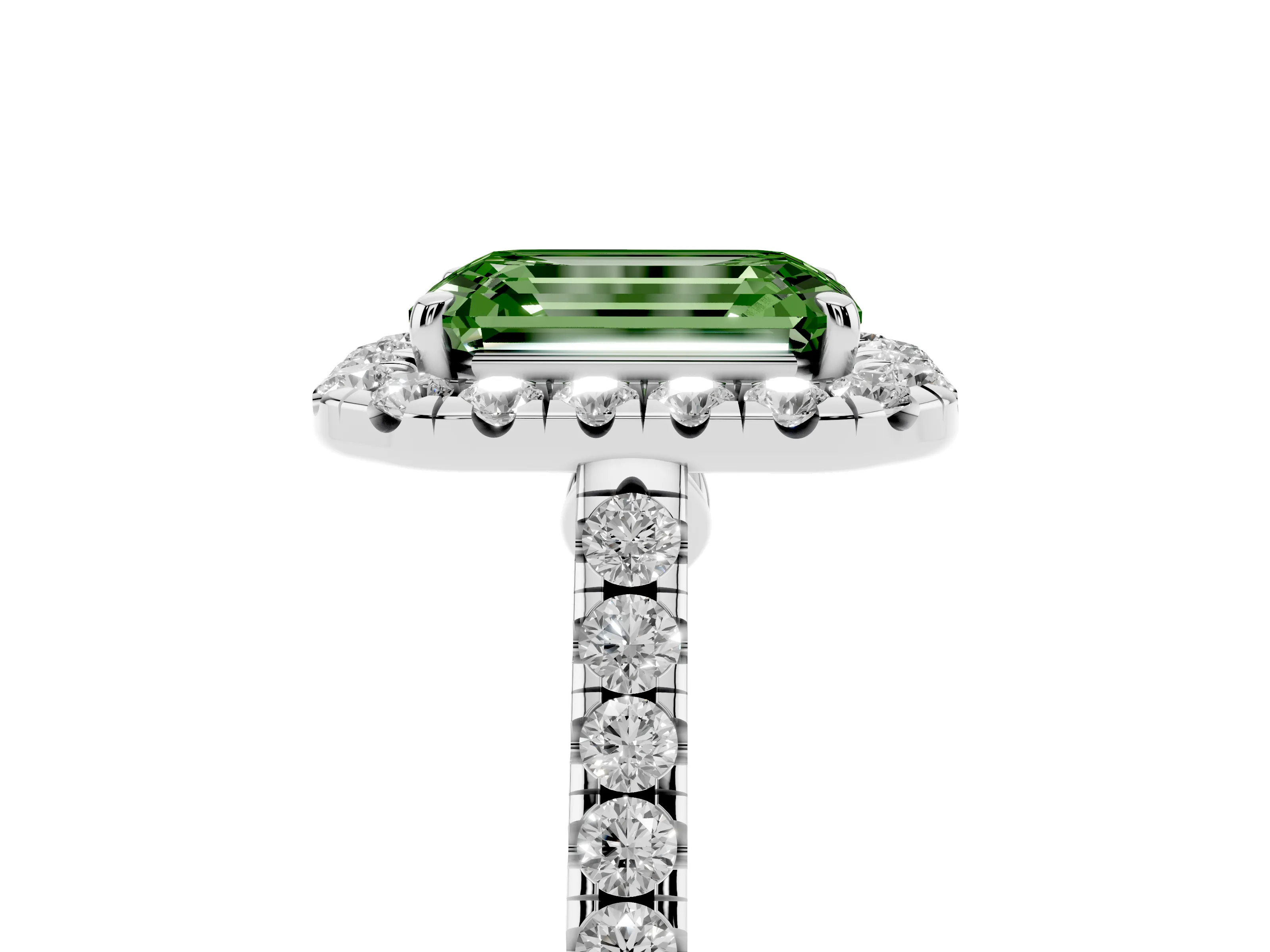 Fancy Green Emerald Cut Diamond Halo Pavé Engagement Ring Set in White gold with Prong Setting