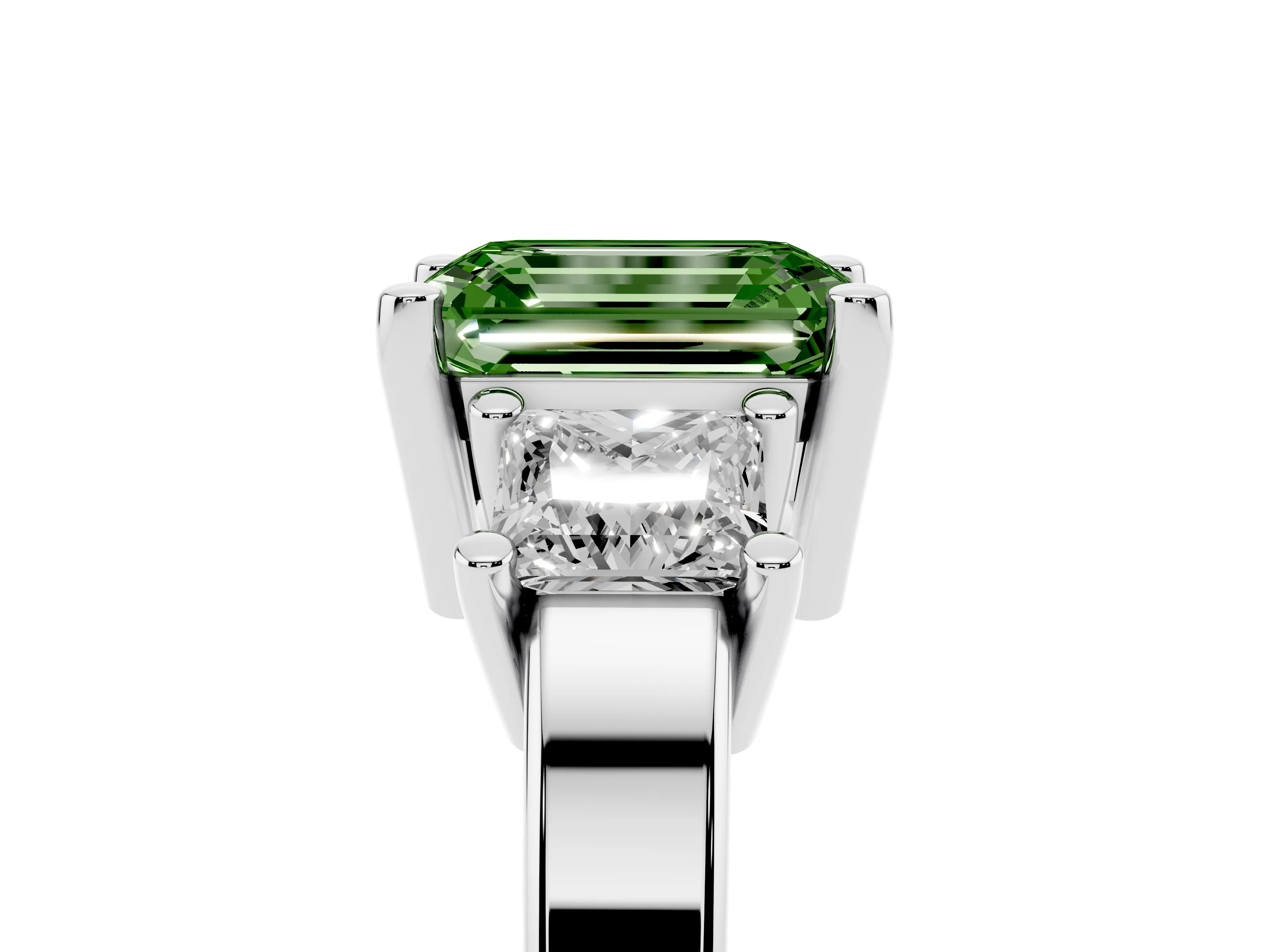 Fancy Green Three-Stone Emerald Cut Diamond Solitaire Ring Set in Platinum with Prong Setting