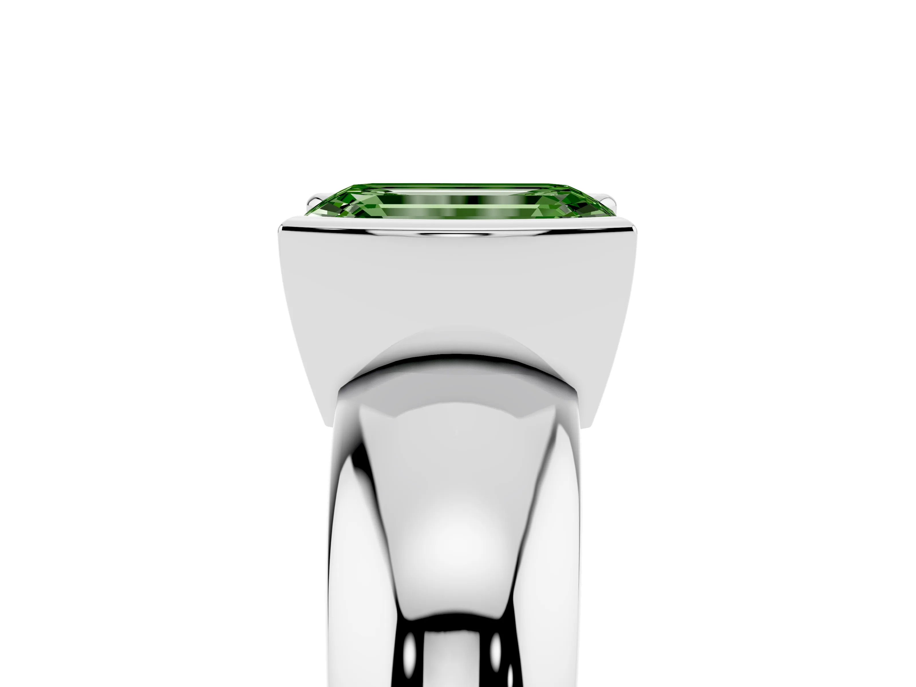 Fancy Green Emerald Cut Diamond Solitaire Tension Set Ring Set in White gold with Wide Band