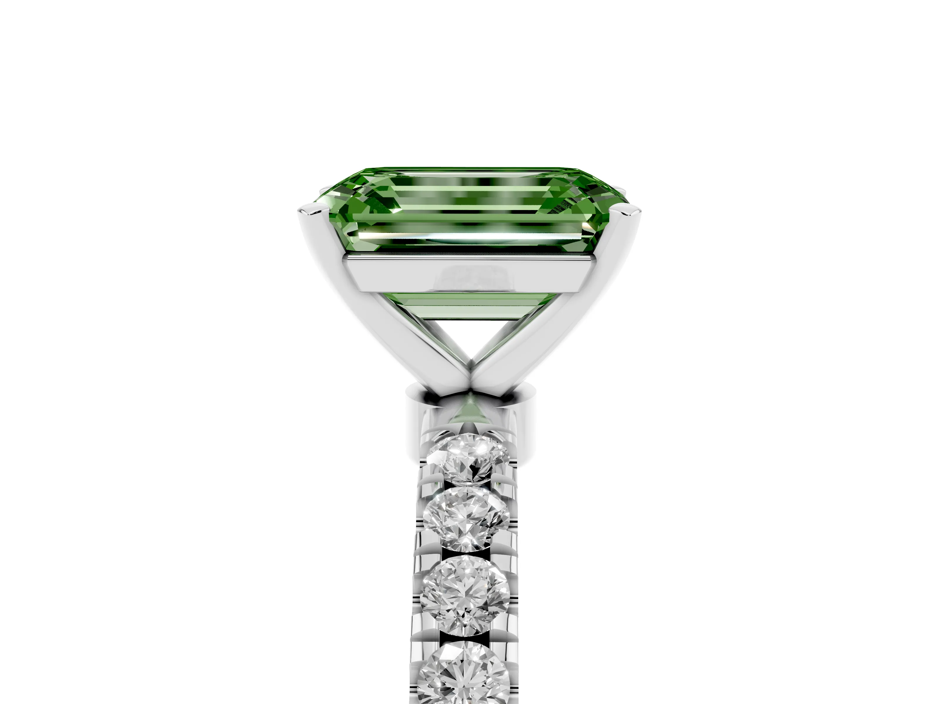 Fancy Green Emerald Cut Diamond Solitaire Ring Set in Platinum with Pavé Accents and Prong Setting