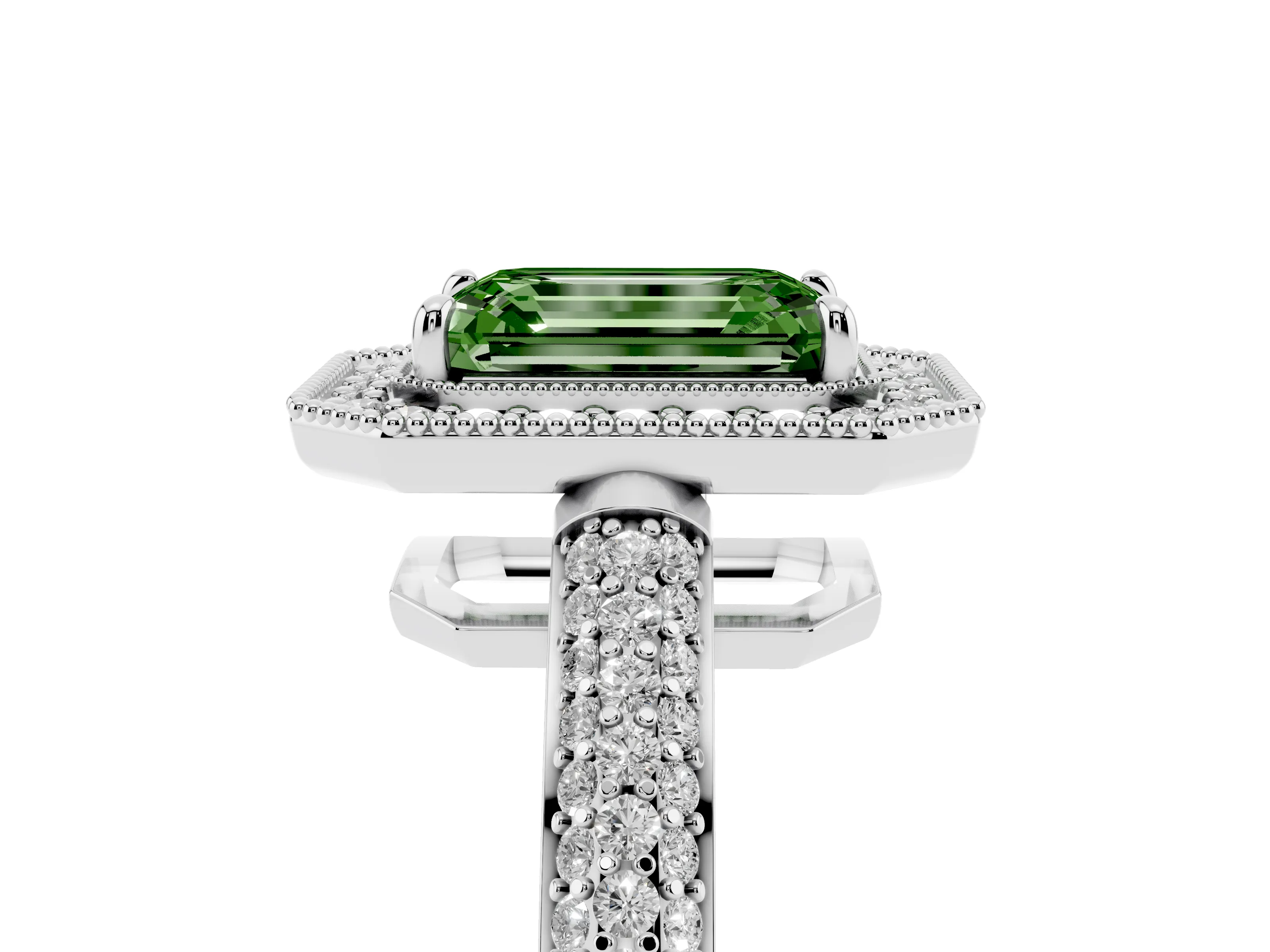 Fancy Green Emerald Cut Diamond Halo Pavé Band Set in Platinum with Prong Setting