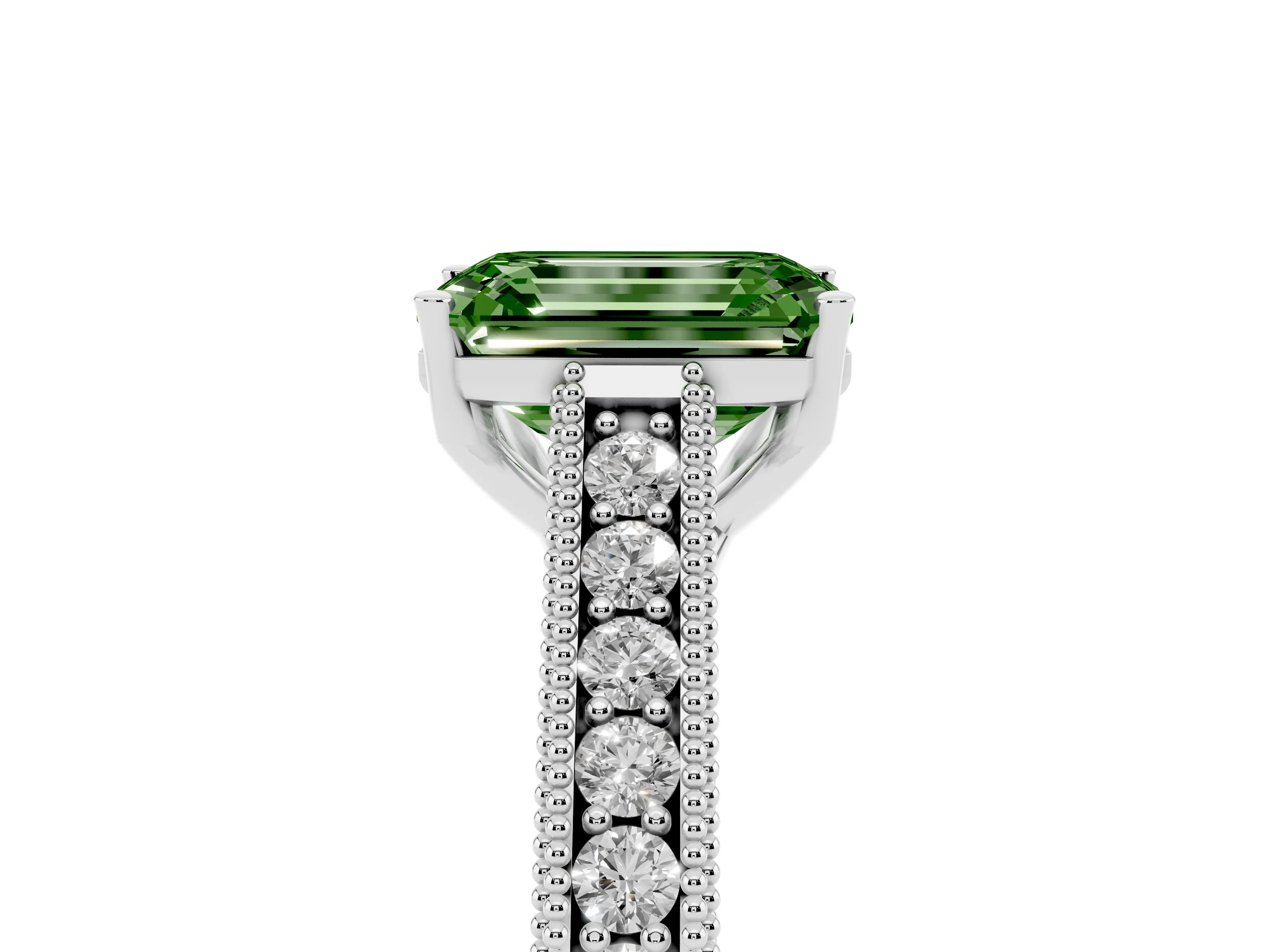 Fancy Green Emerald Cut Diamond Milgrain Pavé Band Solitaire Ring Set in Silver with Prong Setting