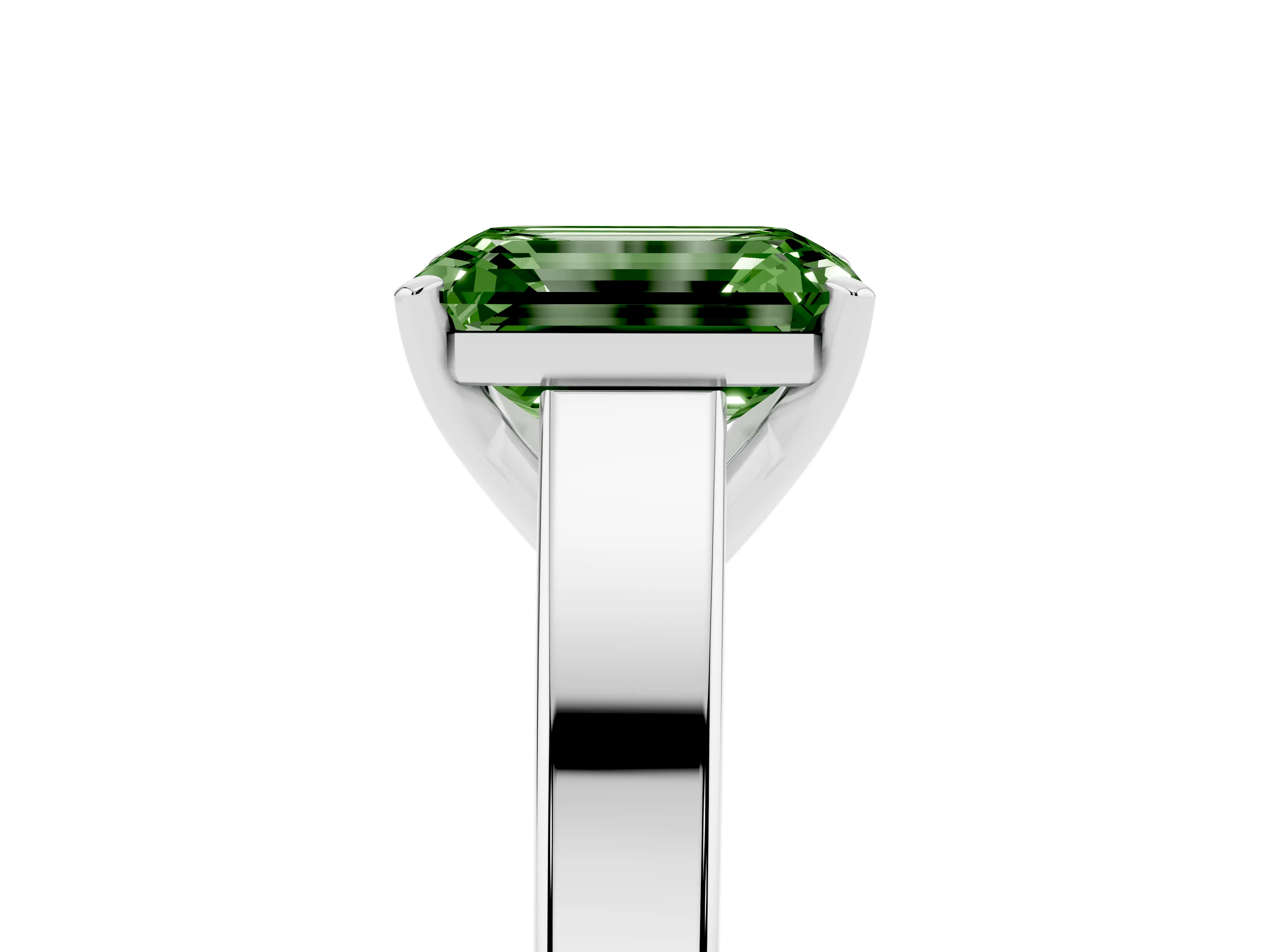 Fancy Green Emerald Cut Diamond Solitaire Engagement Ring Set in Platinum with Prong Setting and Tapered Band