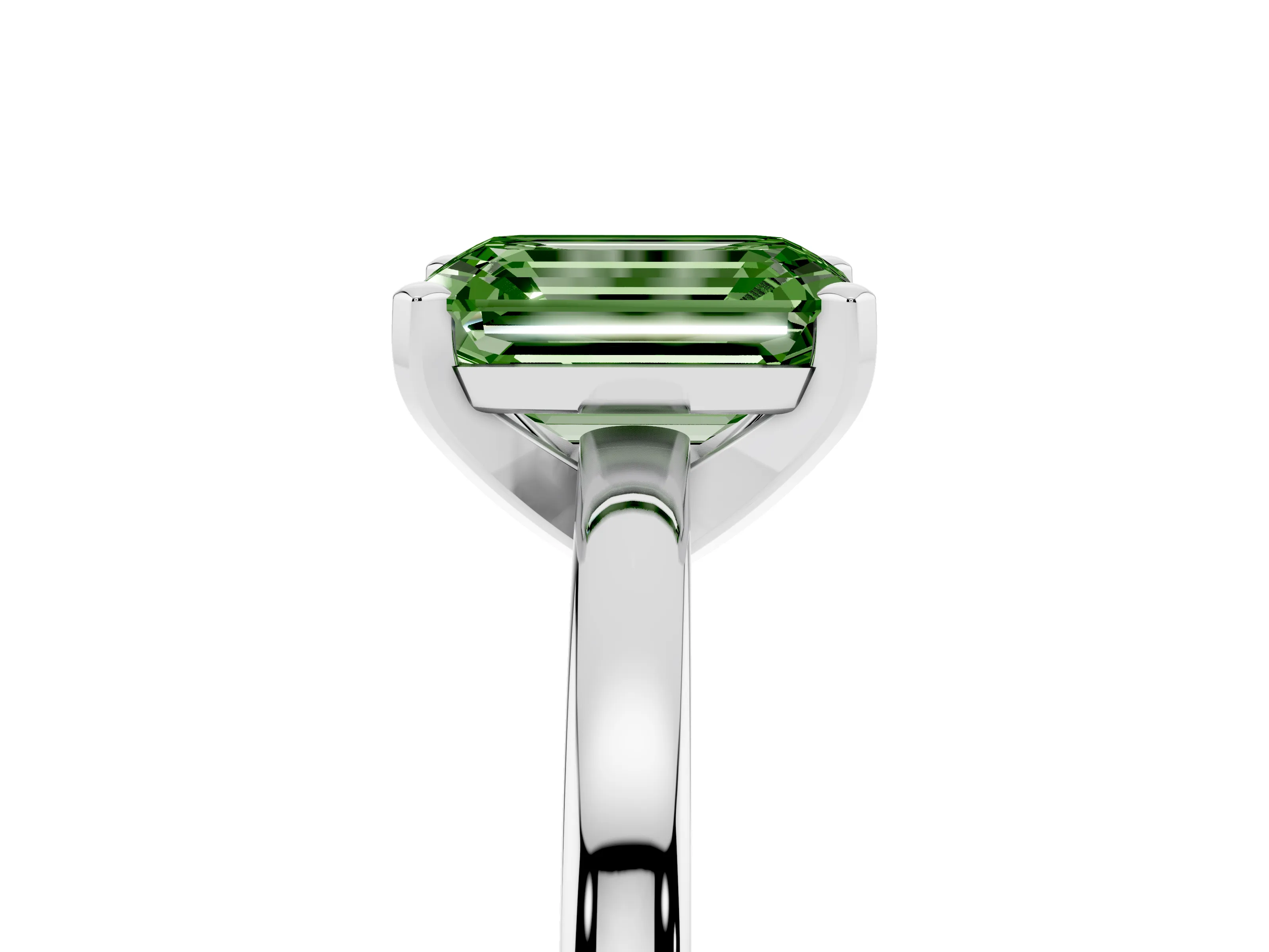 Fancy Green Emerald Cut Diamond Solitaire Engagement Ring Set in Platinum with Prong Setting on a Classic Band
