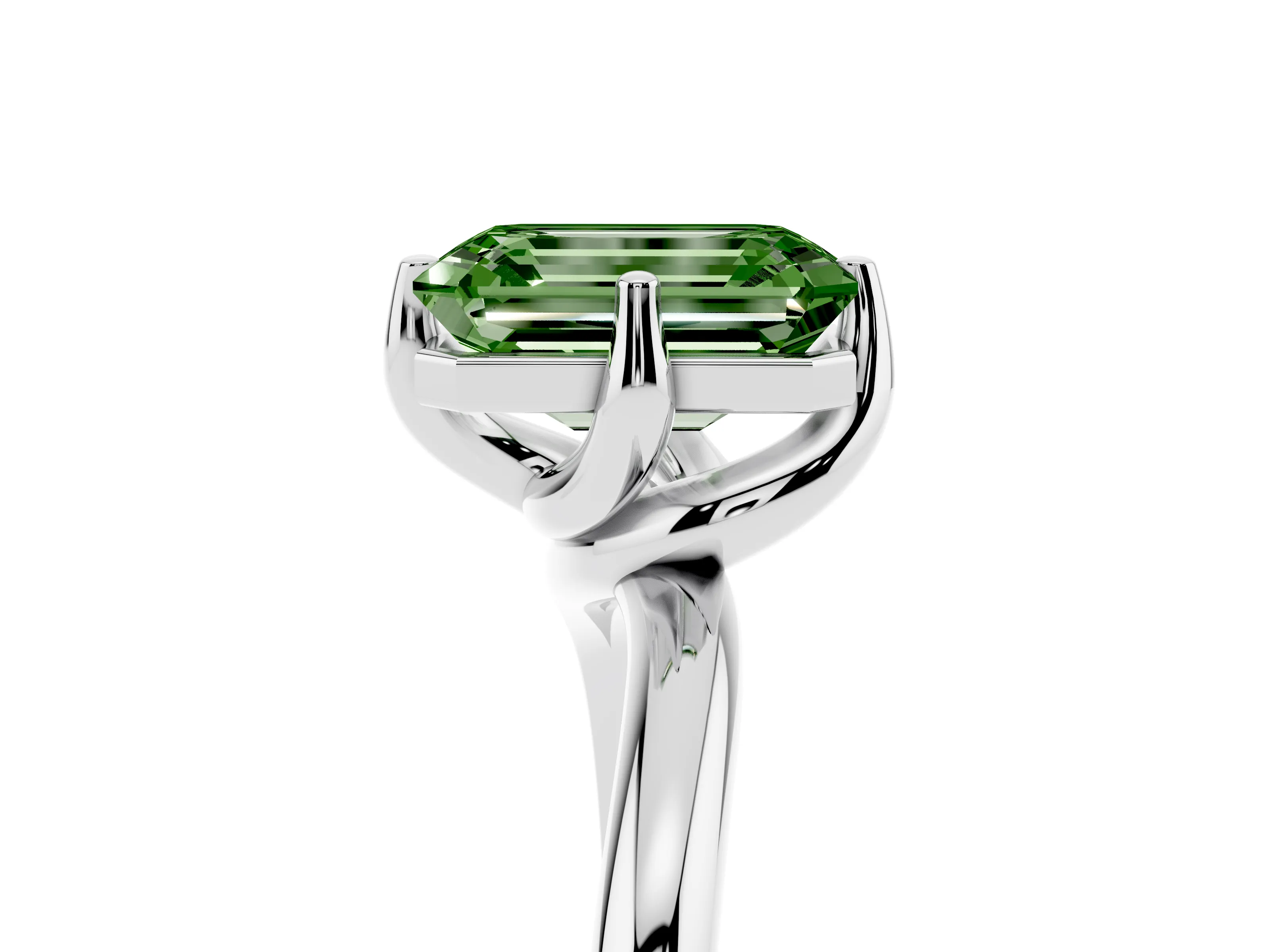 Fancy Green Emerald Cut Diamond Solitaire Engagement Ring Set in White gold with Classic Plain Band