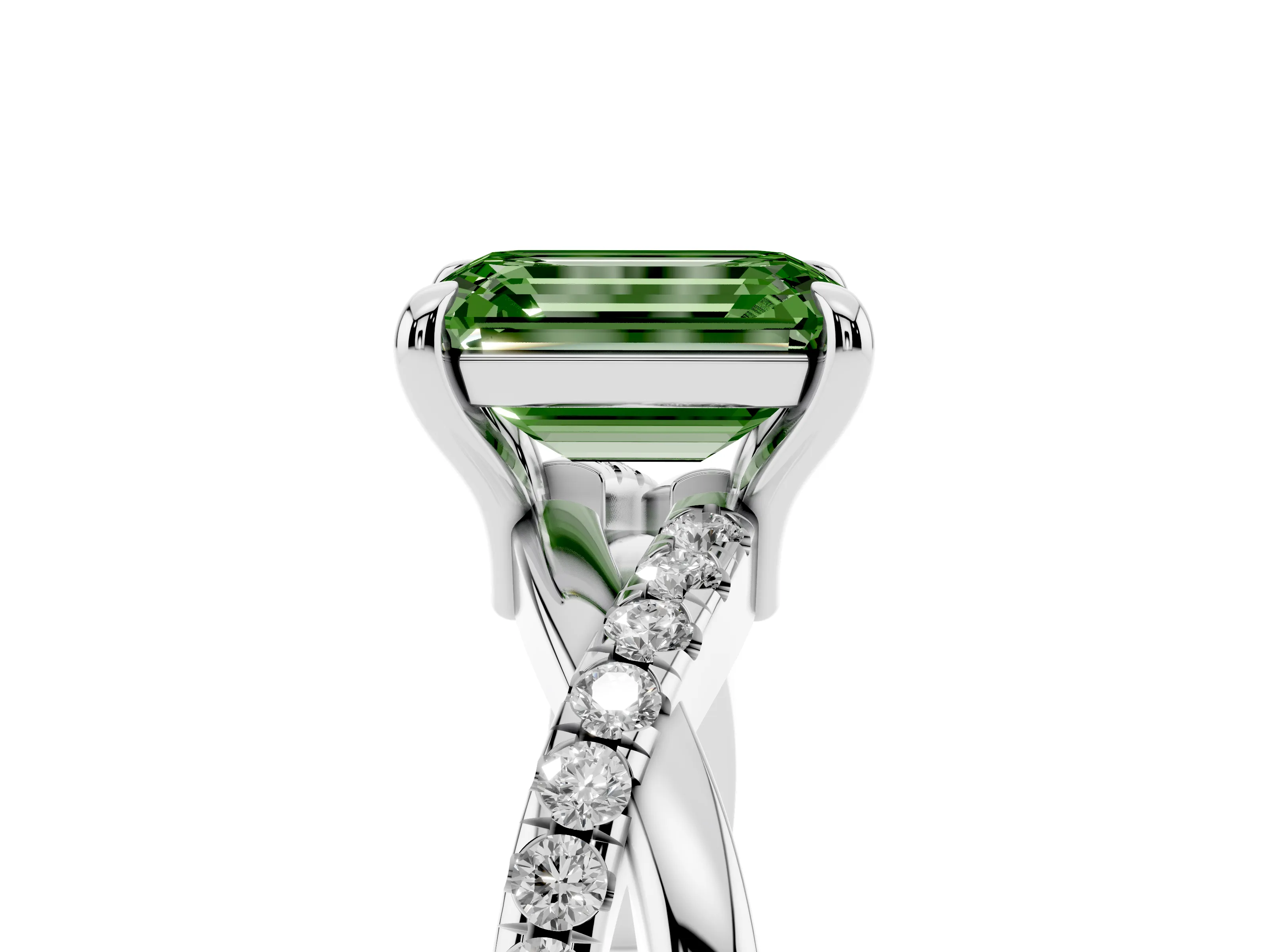 Fancy Green Emerald Cut Diamond Twist Band Pavé Solitaire Ring Set in Silver with Prong Setting