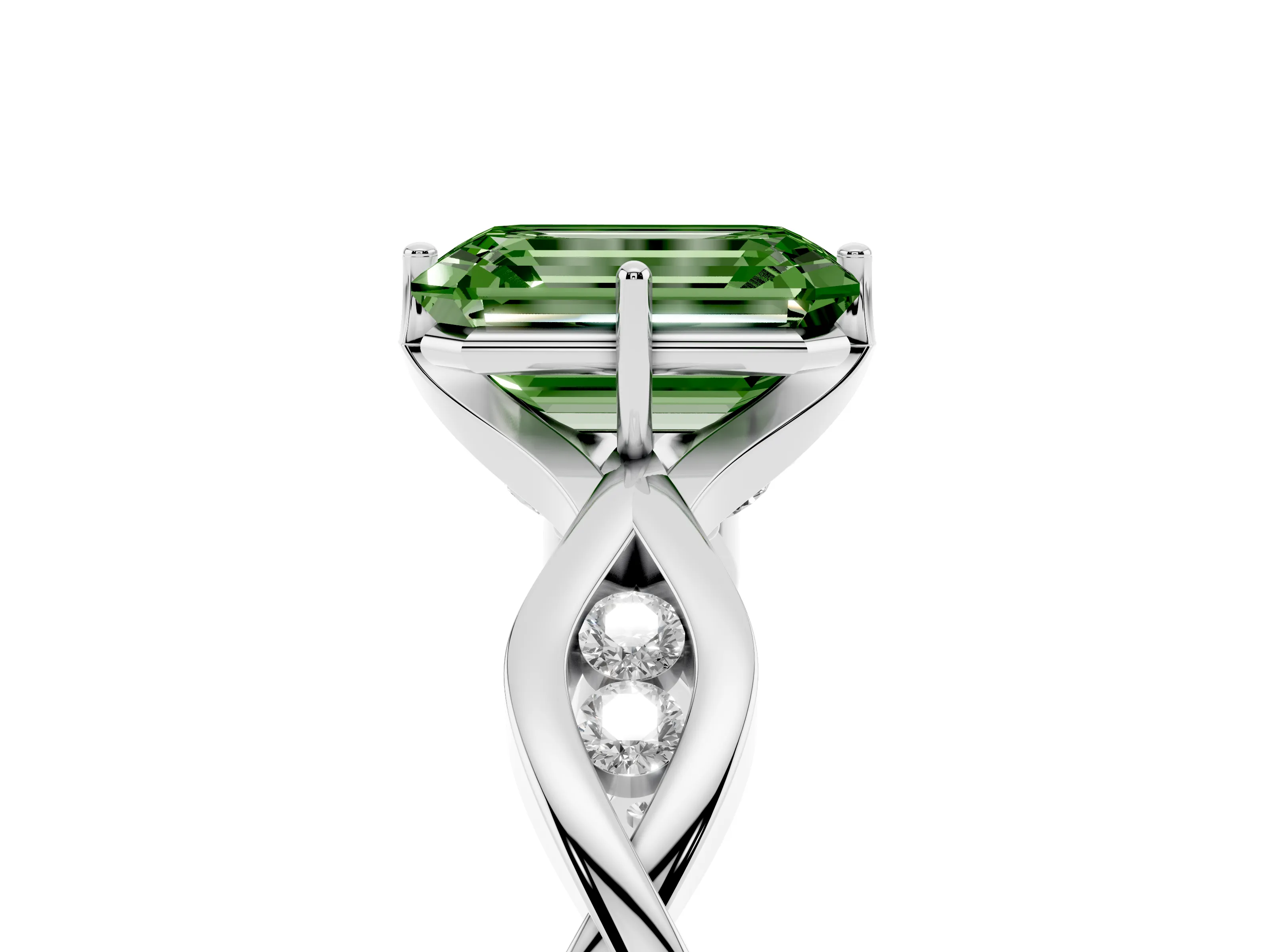 Fancy Green Emerald Cut Diamond Twist Band Solitaire Ring Set in Platinum with Leaf Prong Setting and Accent Stones