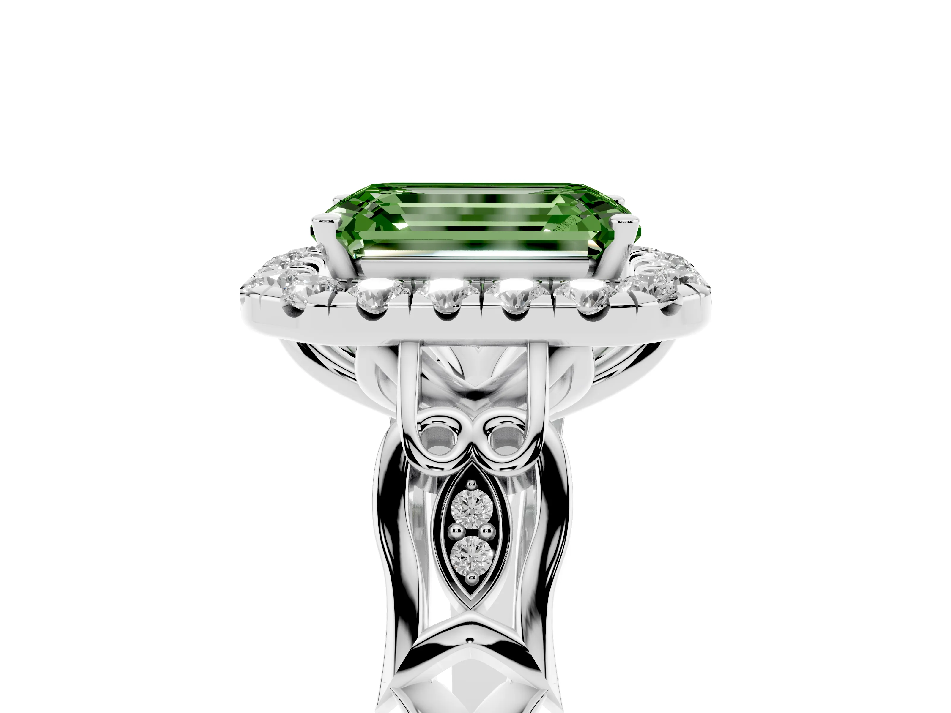 Fancy Green Emerald Cut Diamond Halo Engagement Ring Set in Platinum with Filigree Band and Prong-Set Center