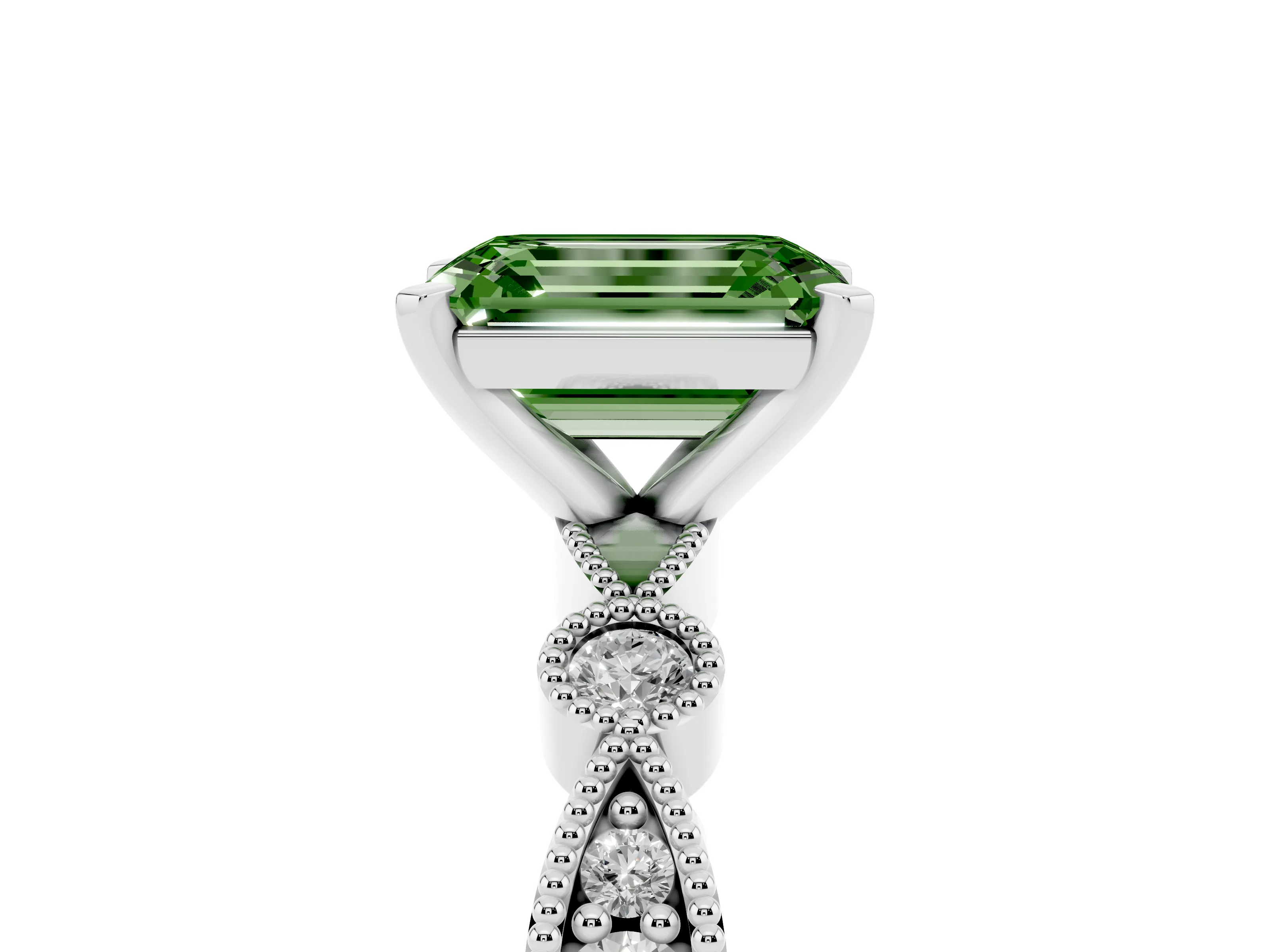 Fancy Green Emerald Cut Diamond Solitaire Engagement Ring Set in Silver with Milgrain Bezel Accent Band