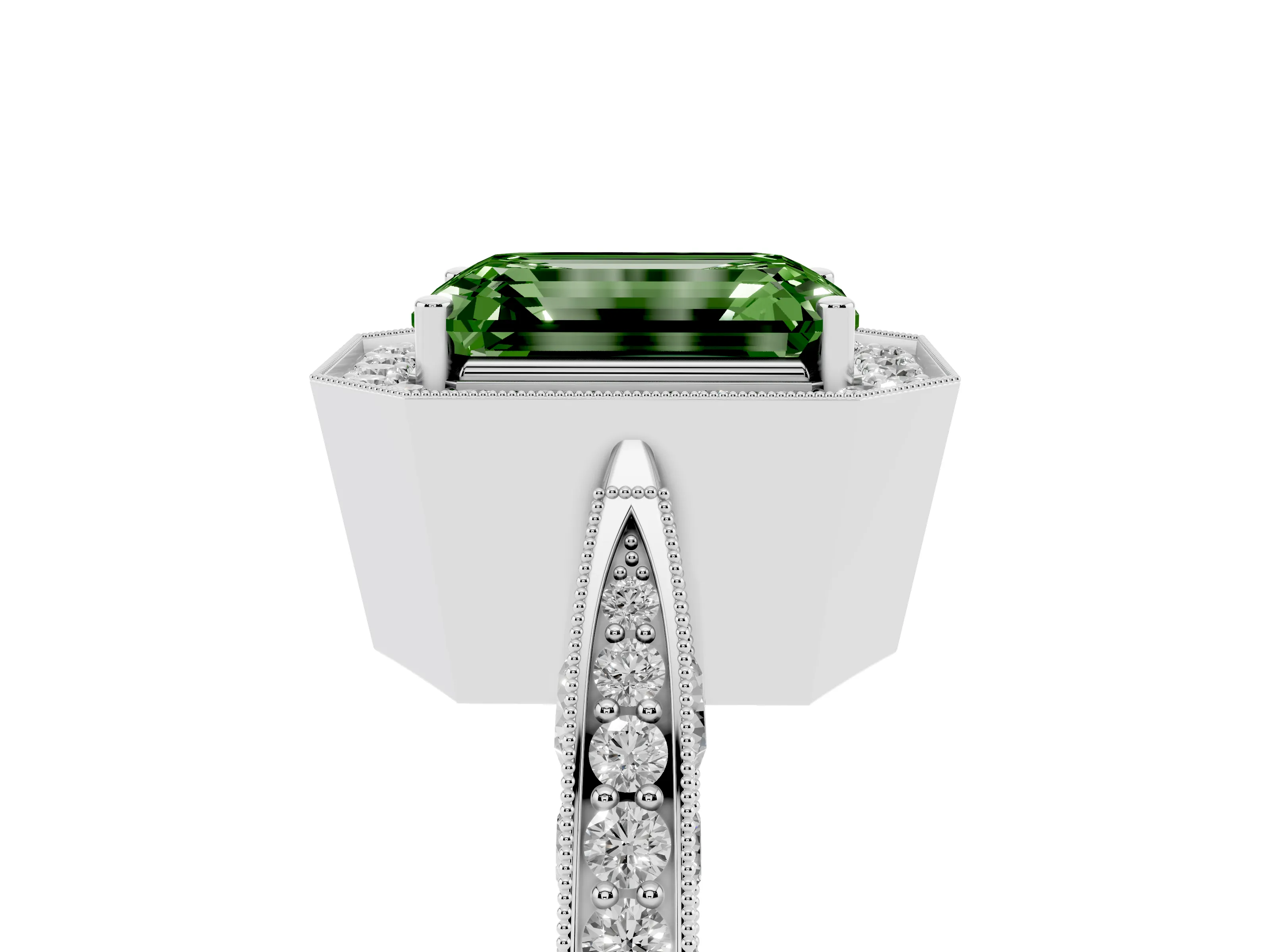 Fancy Green Emerald Cut Diamond Halo Engagement Ring Set in Platinum with Accent Split Shank Band
