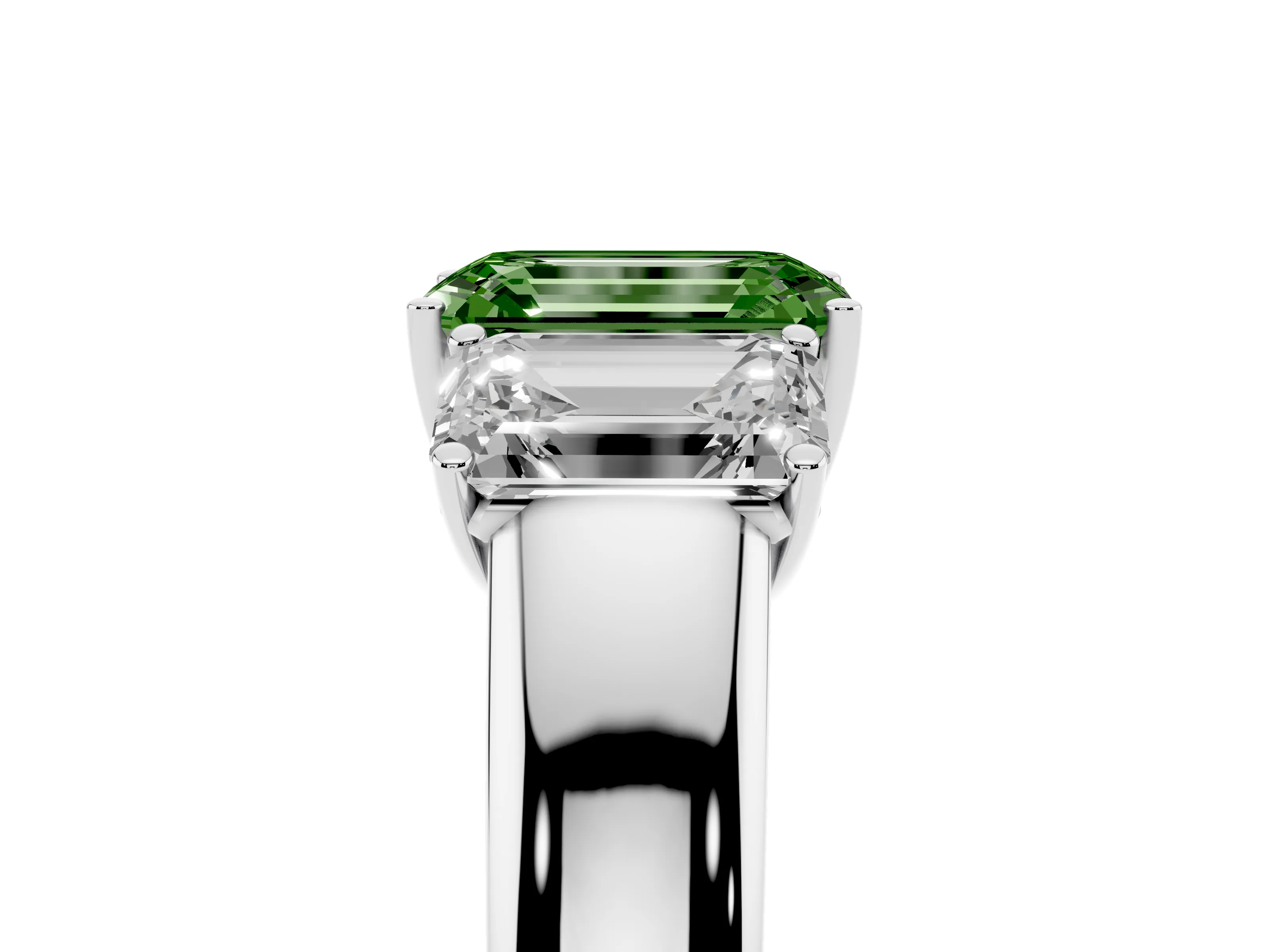 Fancy Green Three-Stone Emerald Cut Diamond Ring Set in Platinum with Matching Prong Settings and Plain Band