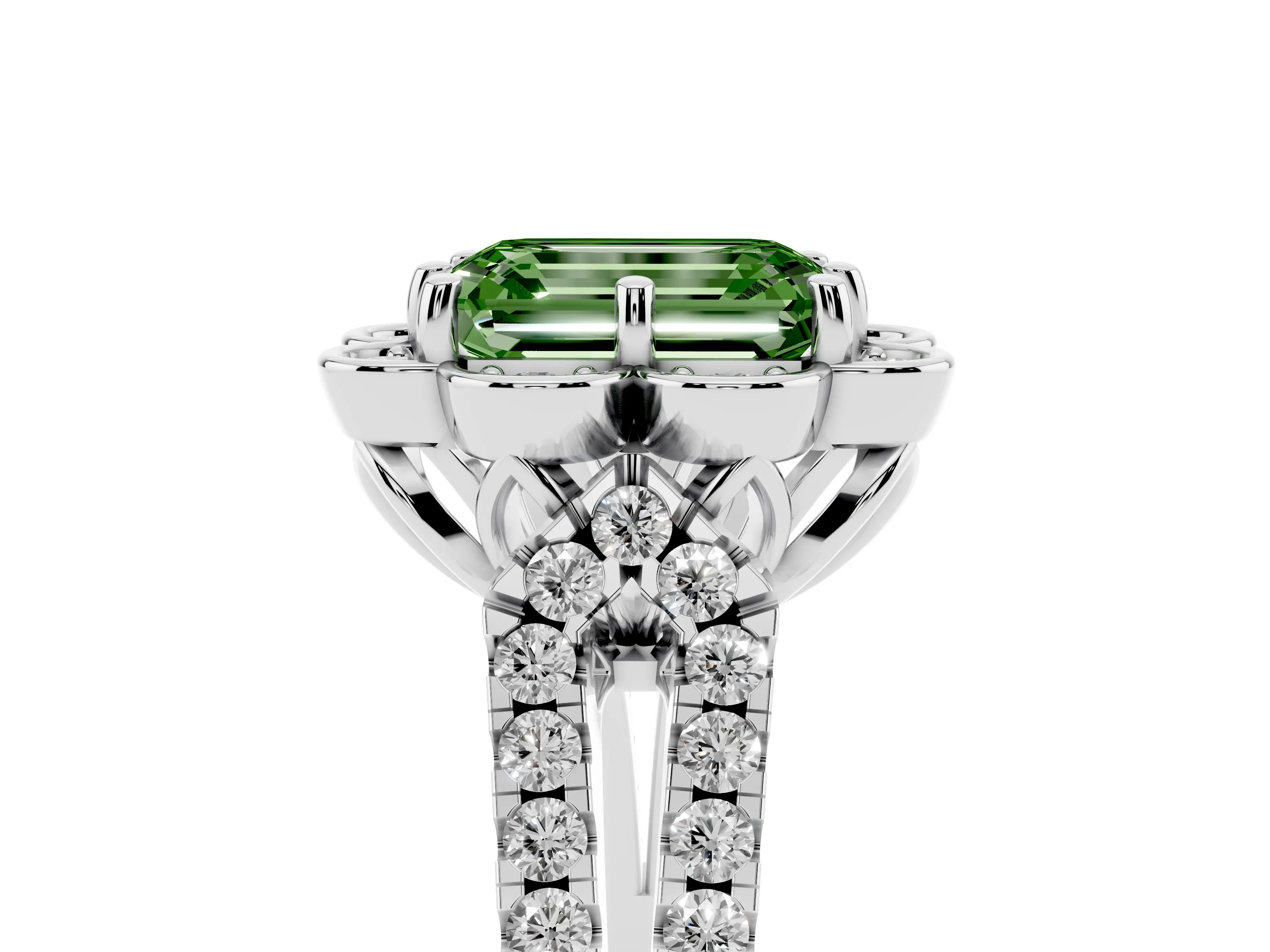 Fancy Green Emerald Cut Diamond Floral Halo Split Shank Engagement Ring Set in Silver with Pavé Shank