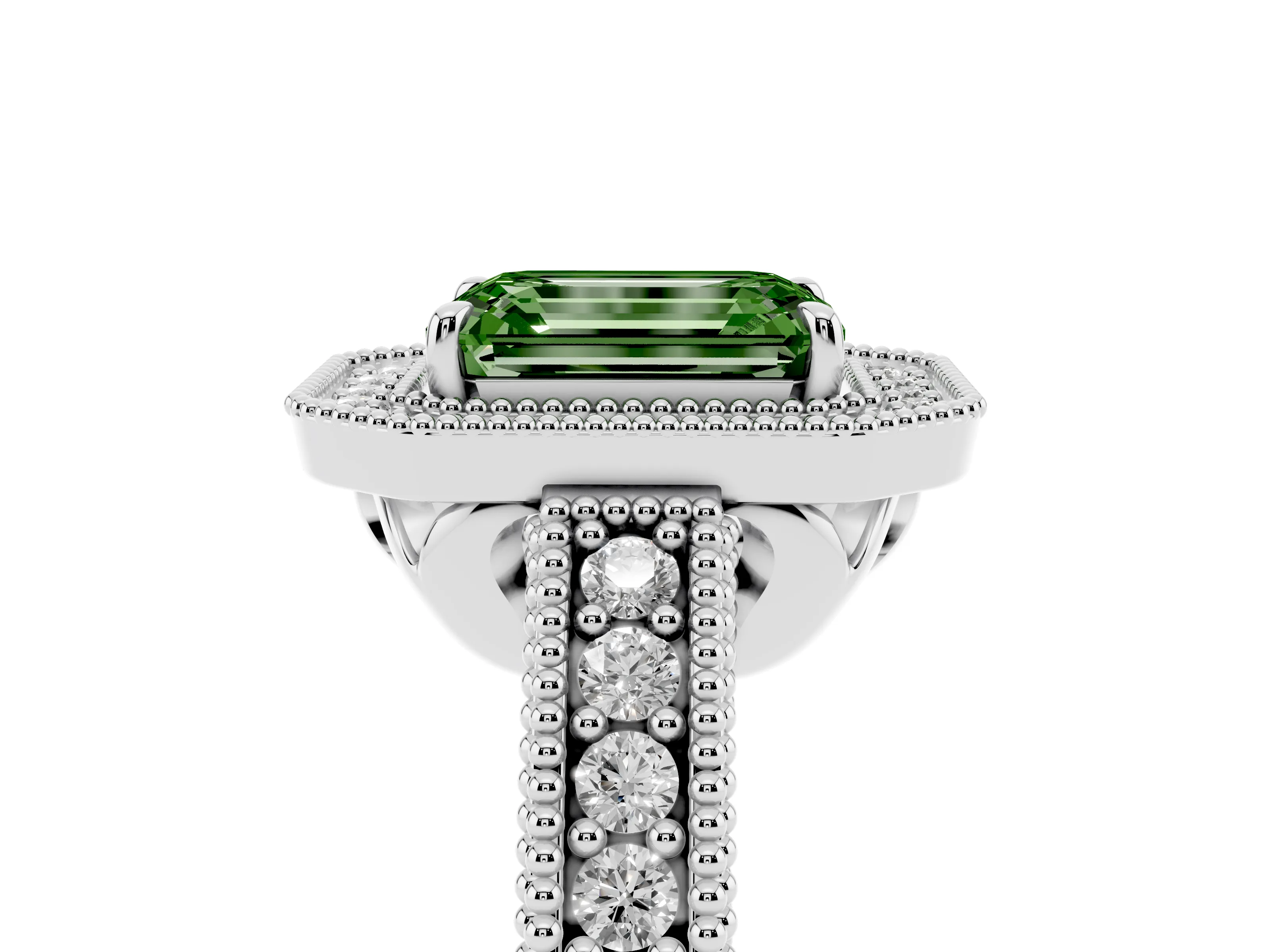 Fancy Green Emerald Cut Diamond Halo Ring Set in Silver with Round Accent Halo, Pavé Band and Prong Setting