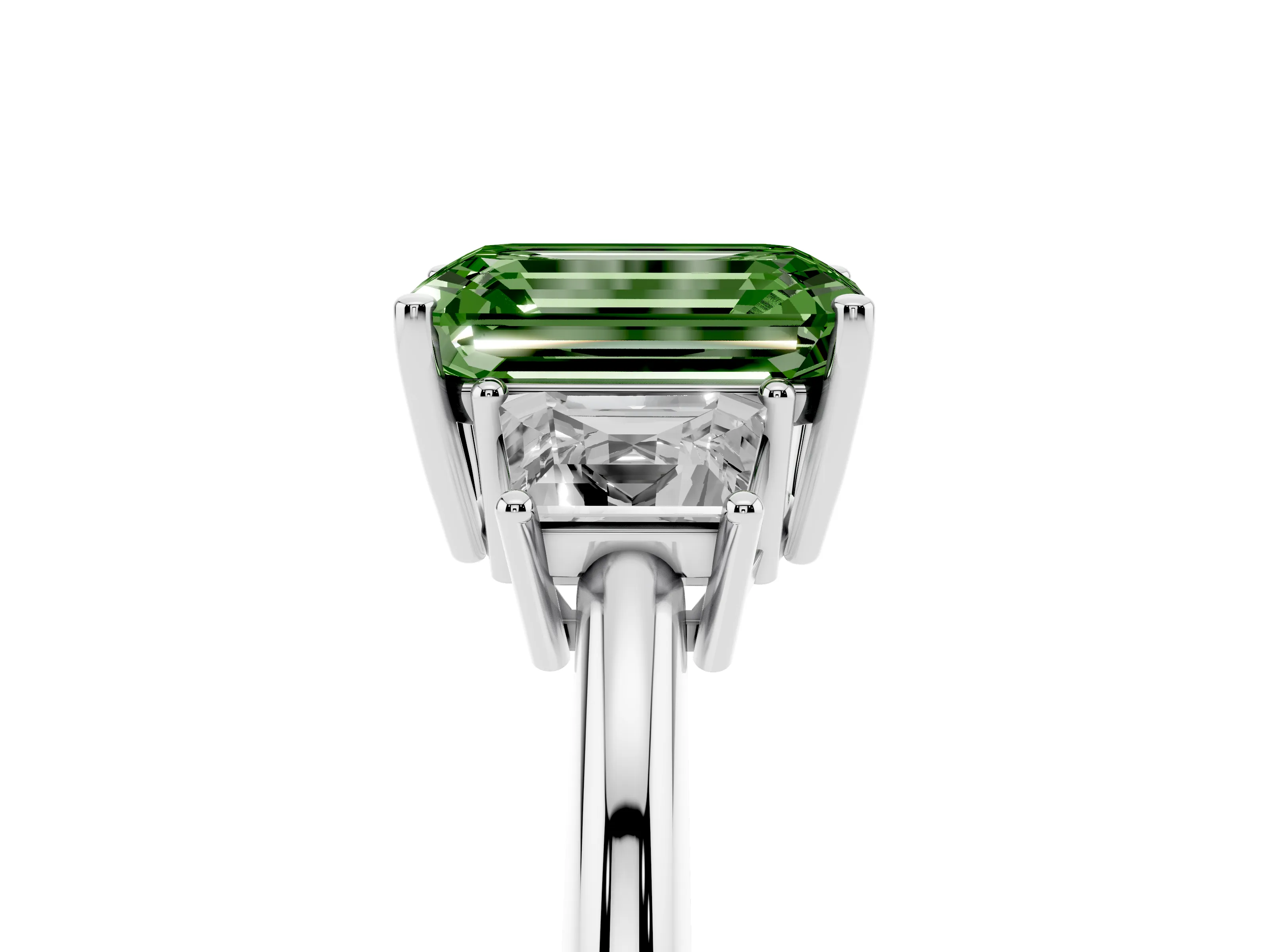 Fancy Green Emerald Cut Diamond Three-Stone Ring Set in Silver with Trapezoid Side Stones and Prong Setting