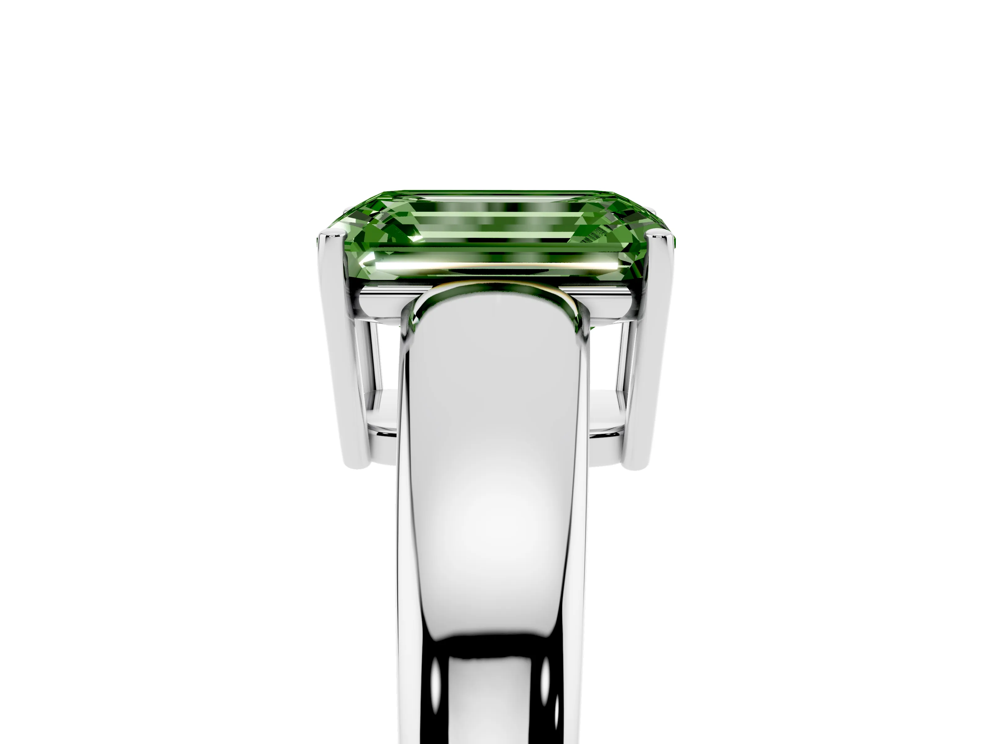Fancy Green Emerald Cut Diamond Solitaire Ring Set in White gold with Tapered Band and Prong Setting