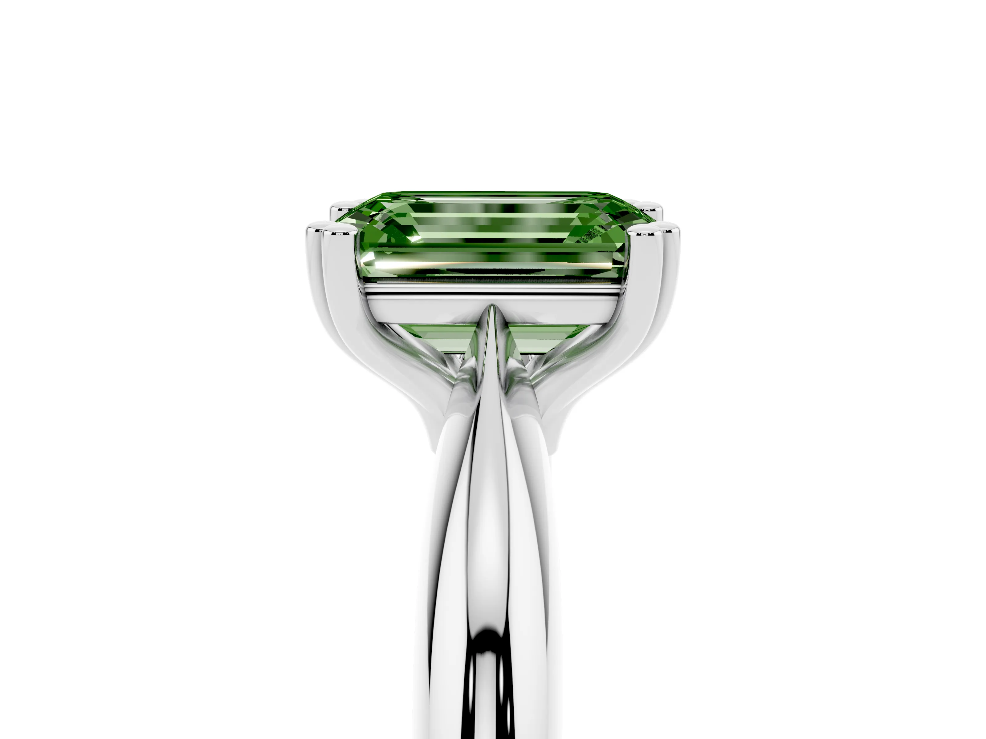 Fancy Green Emerald Cut Diamond Solitaire Engagement Ring Set in Silver with Tapered Band and Prong Setting
