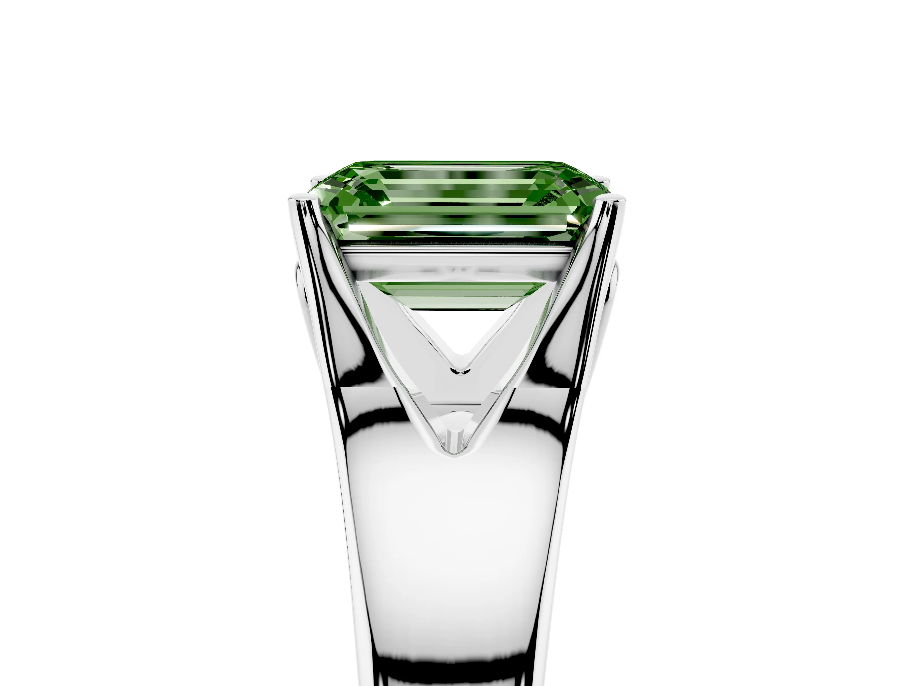 Fancy Green Emerald Cut Diamond Solitaire Ring Set in White gold with Arched Cathedral Band and Prong Setting