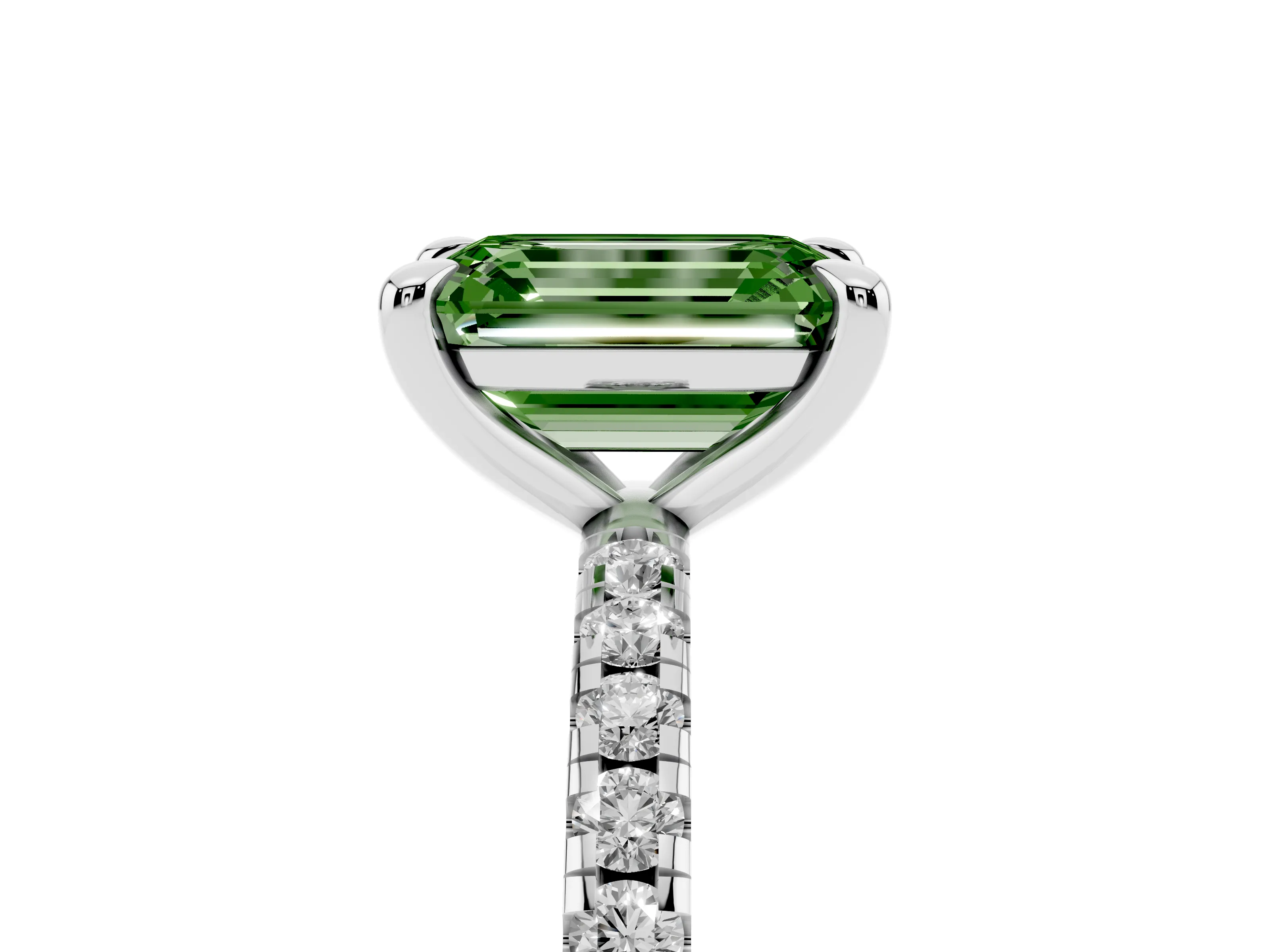 Fancy Green Emerald Cut Diamond Brilliant Solitaire Ring Set in White gold with Pavé Band and Prong Setting
