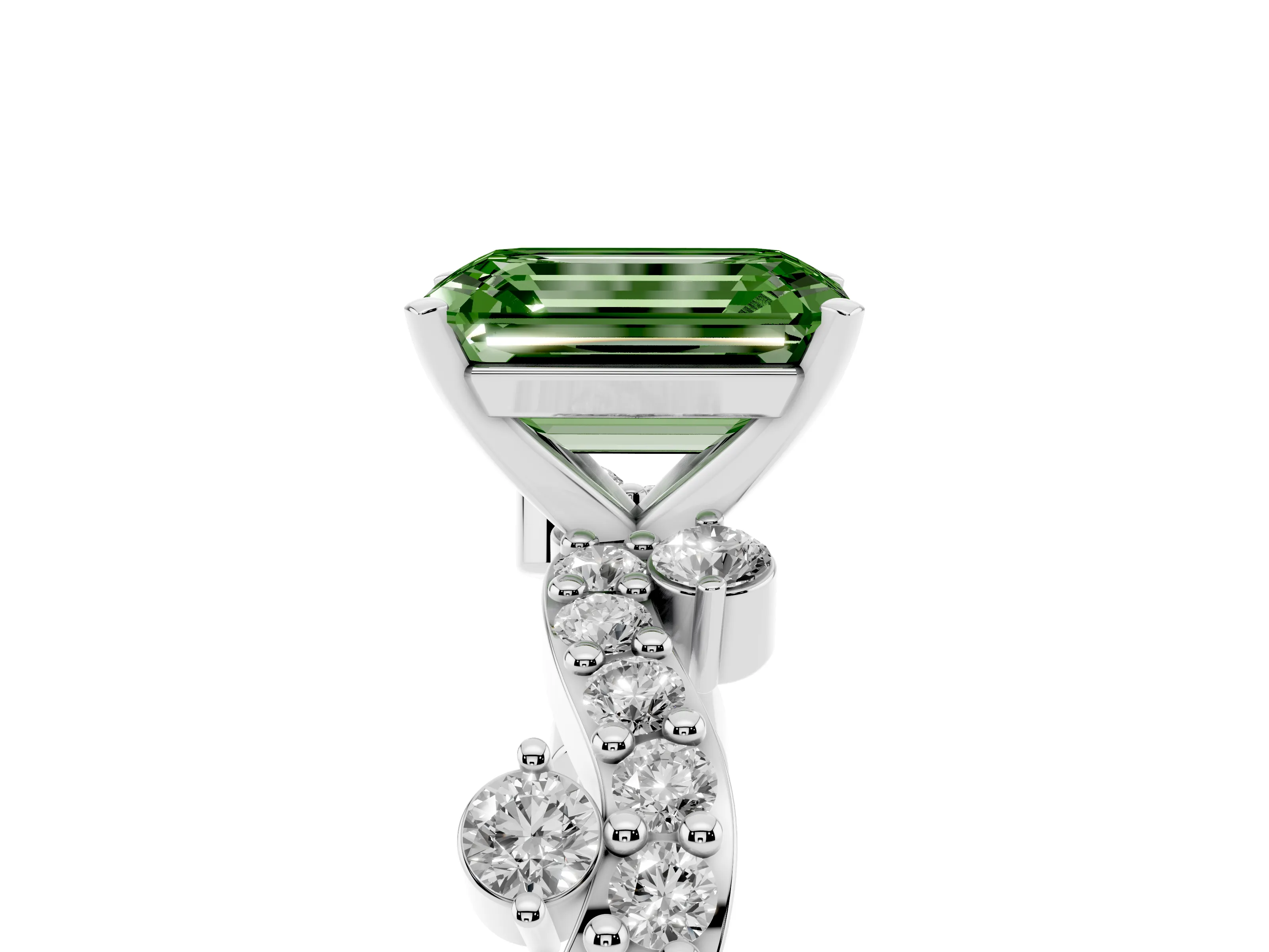 Fancy Green Emerald Cut Diamond Solitaire Twisted Band Set in Silver with Pavé Setting