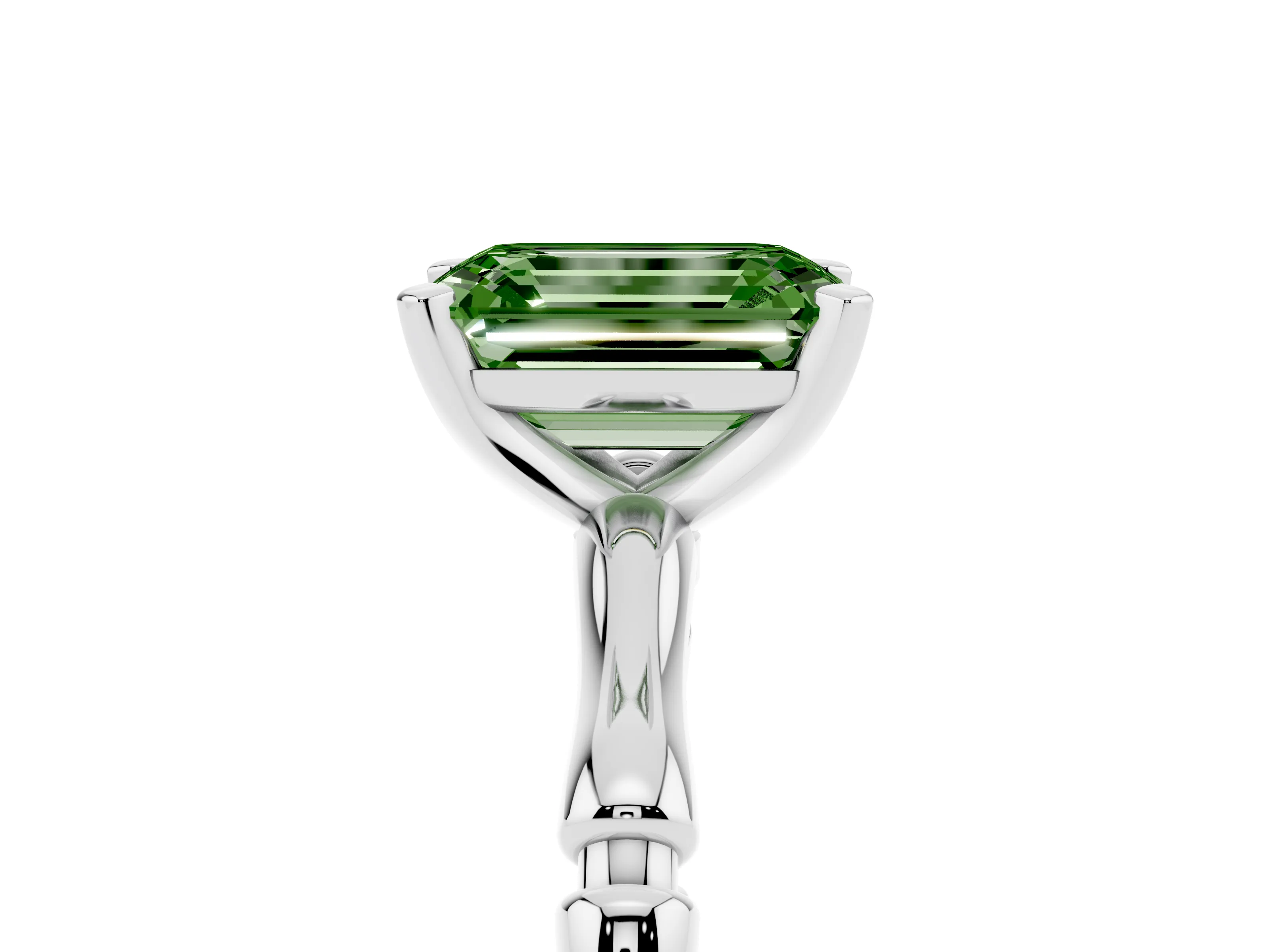 Fancy Green Emerald Cut Diamond Solitaire Ring Set in Platinum with Bamboo Band and Prong Setting