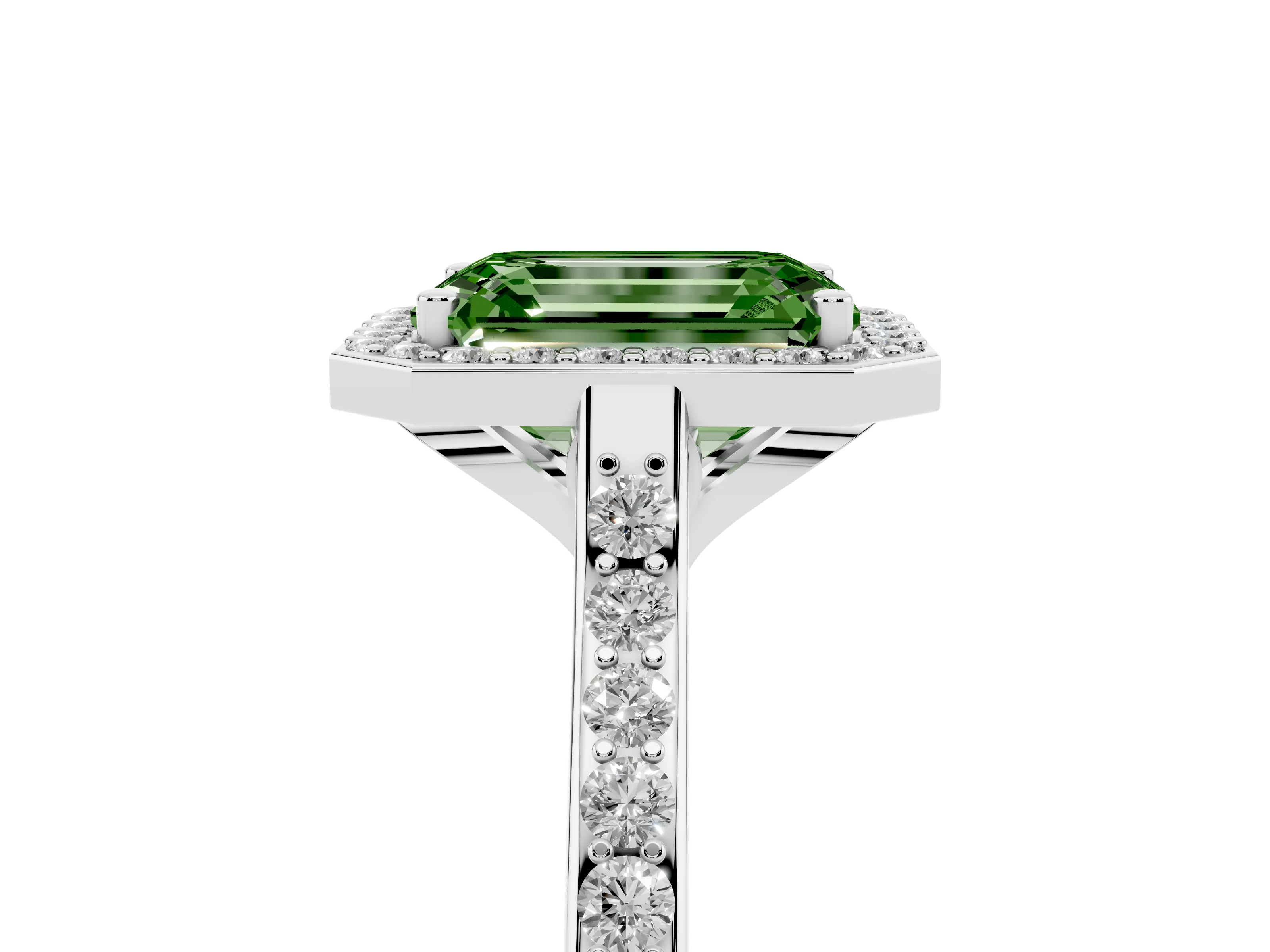 Fancy Green Emerald Cut Diamond Halo Engagement Ring Set in Platinum with Round Pavé Shoulders and Heart Gallery
